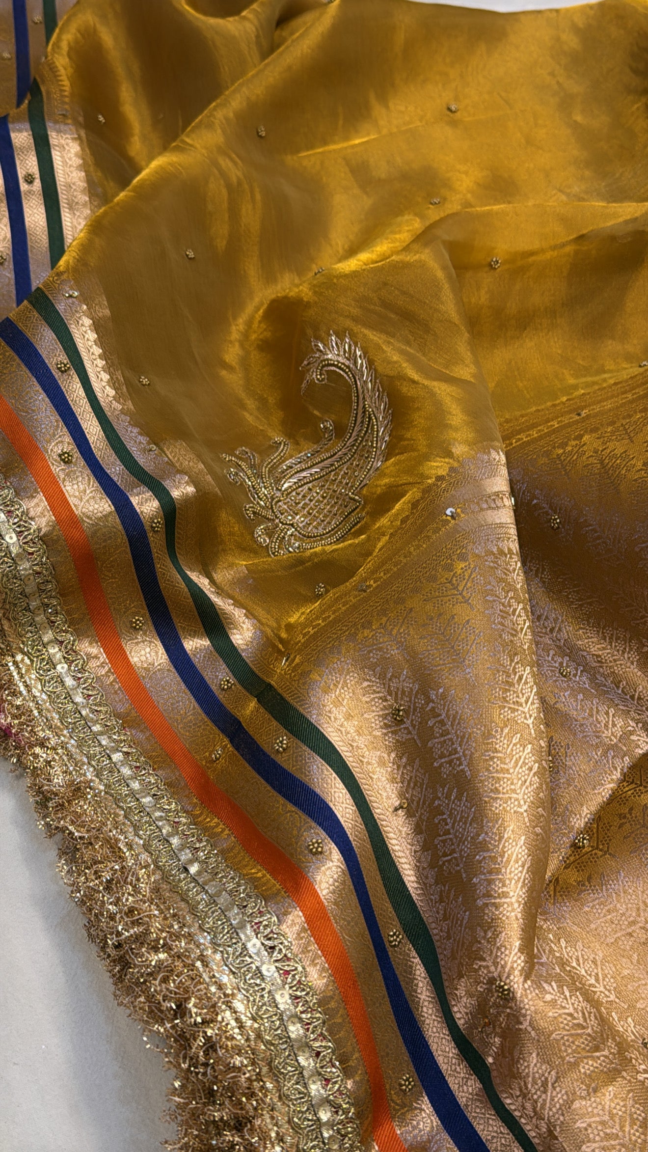 Haldi golden husn tissue silk heavy hand embroidered saree