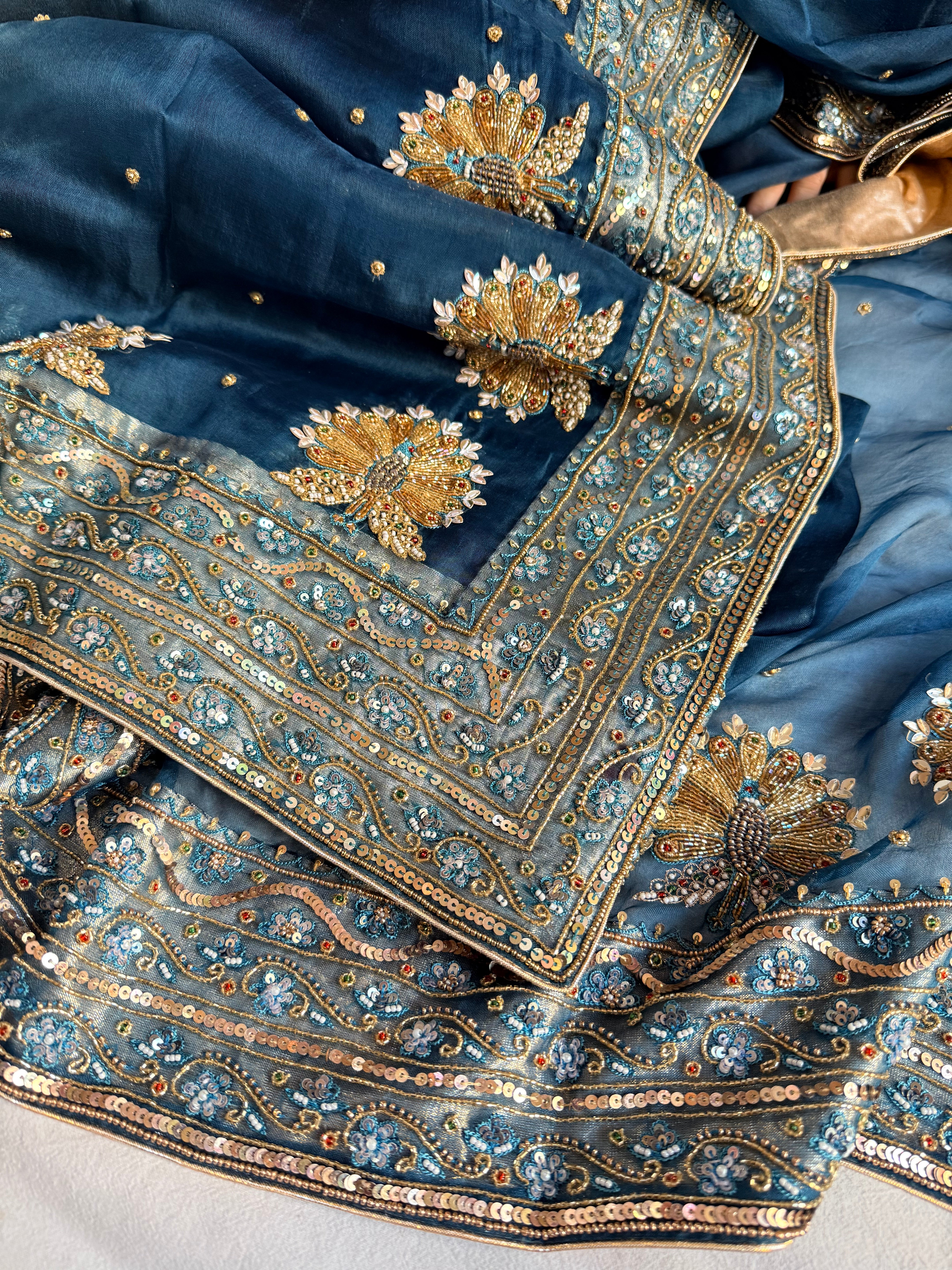 Morpankh edit - Peacock blue kora silk zardozi hand embroidered mor motif saree