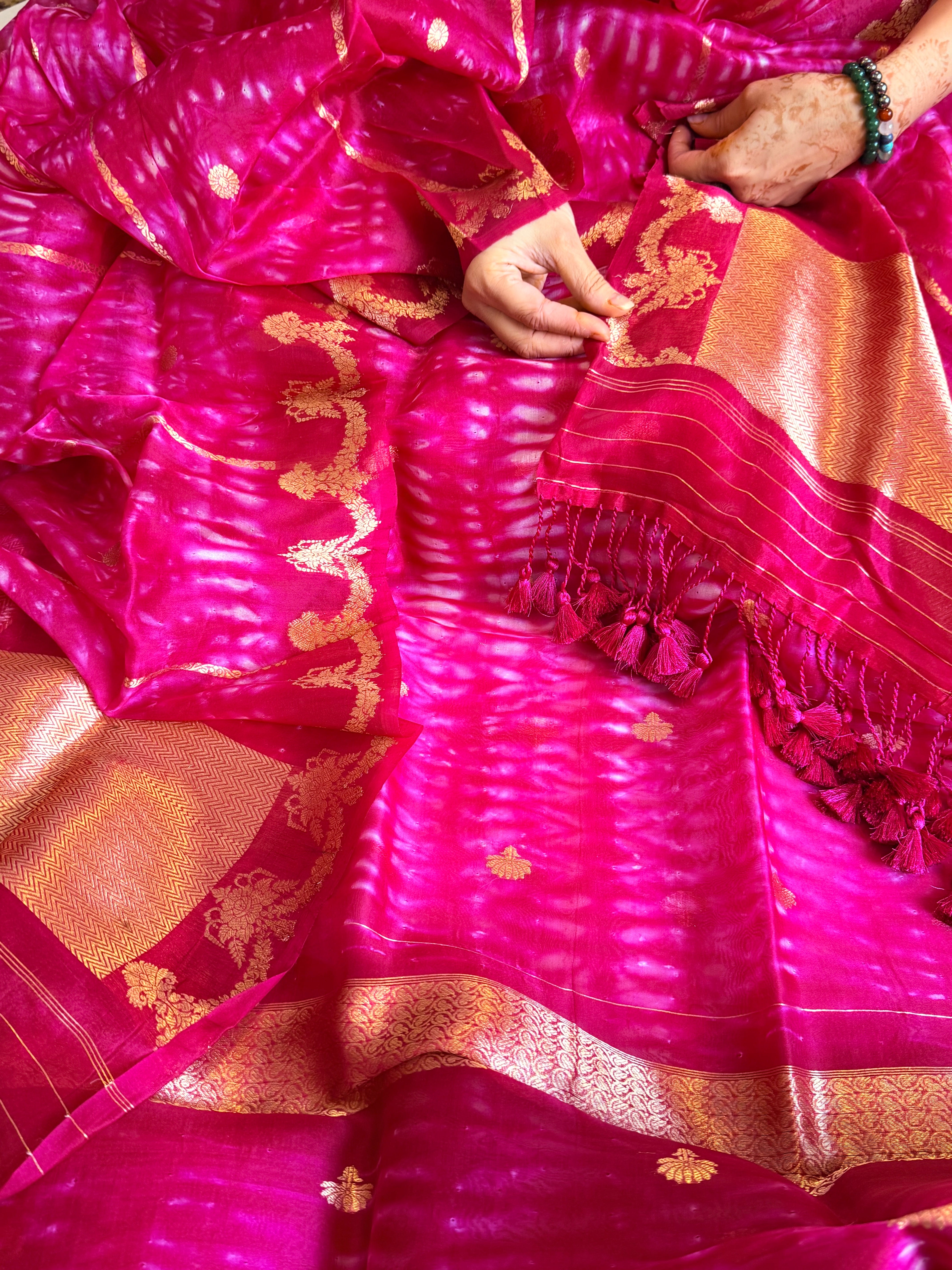 Hot pink banarasi blue kora silk shibori dye kadhwa suit set