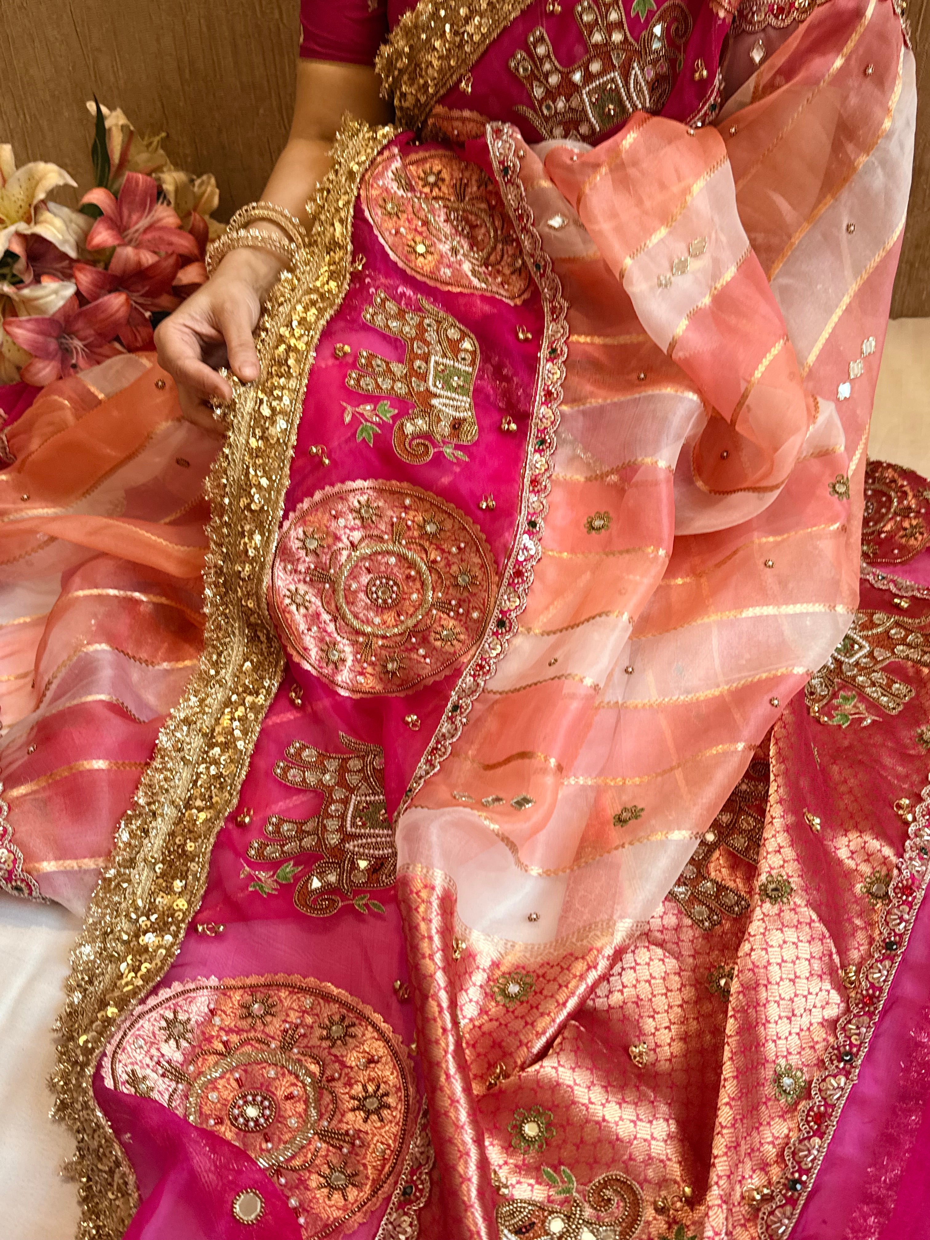 Navratan edit - Gola buti and hathi work hand embroidered kora silk saree