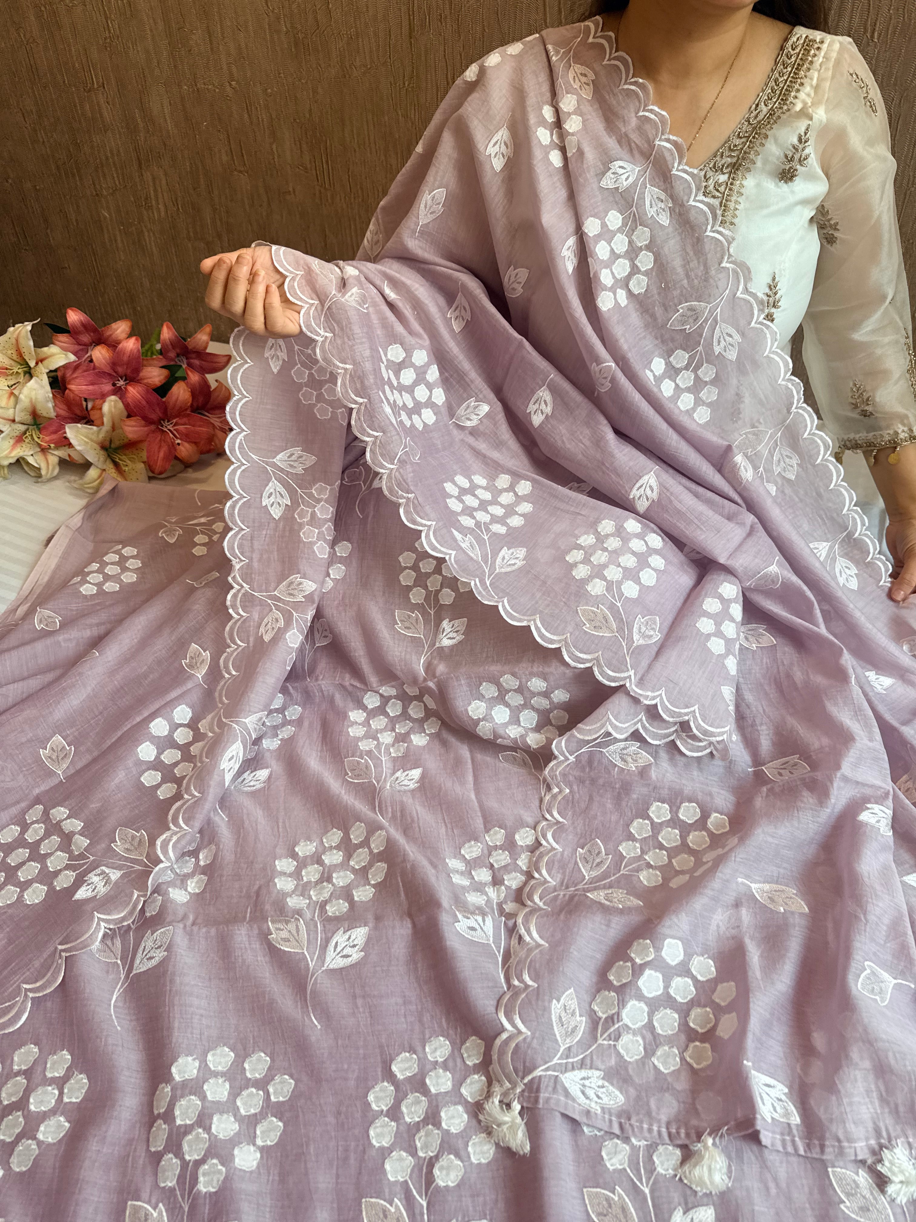 Alia bhatt inspired blush mouve pink mulmul appliqué work suit set