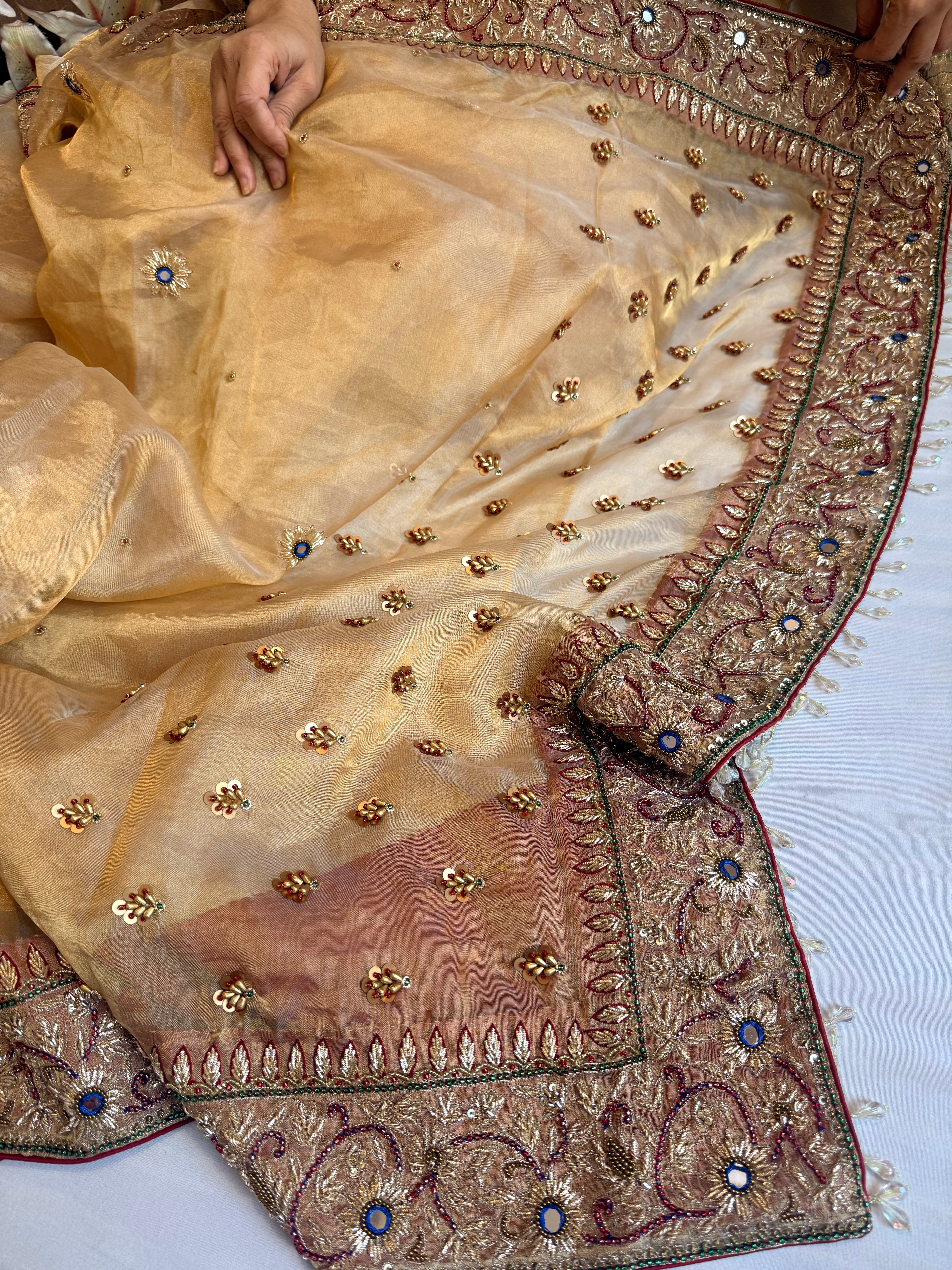 Zardozi & Jadauwork border tissue silk hand embroidered kadhwa butter gold saree