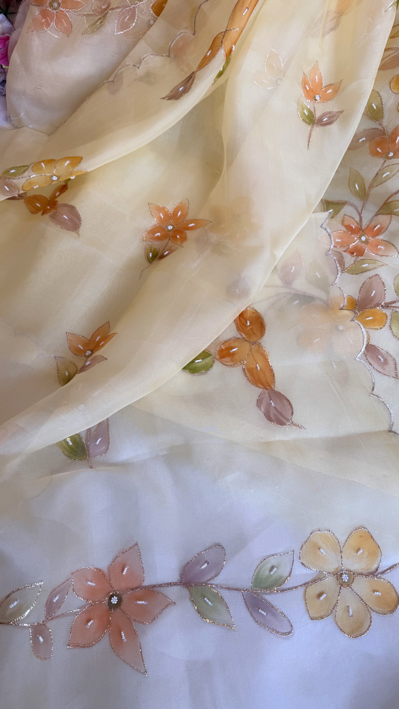 Baagicha edit - Banarasi kora silk handpainted floral hand embroidered suit set