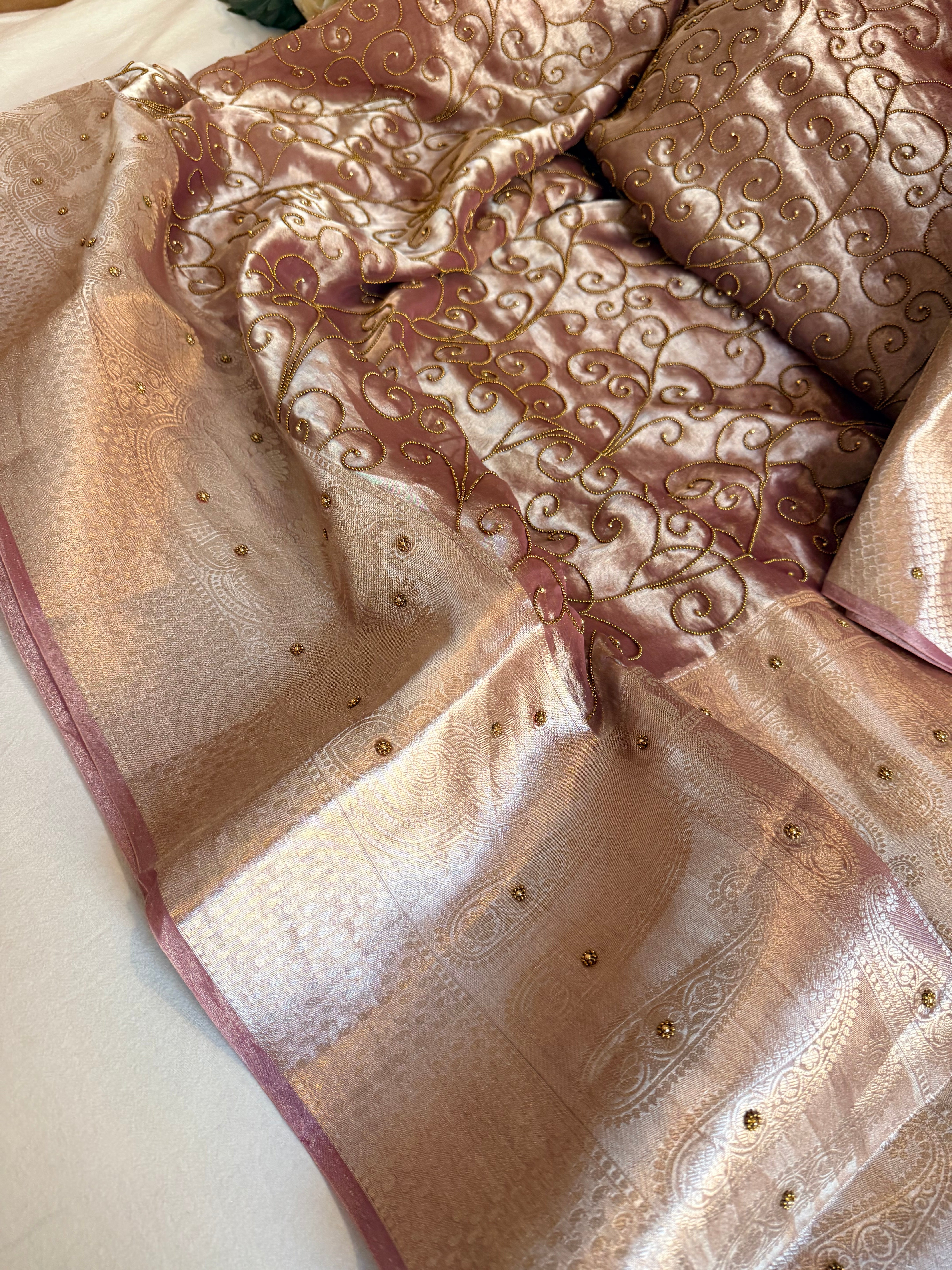 Rose gold tissue silk hand embroidered kadhwa saree with heavy blouse