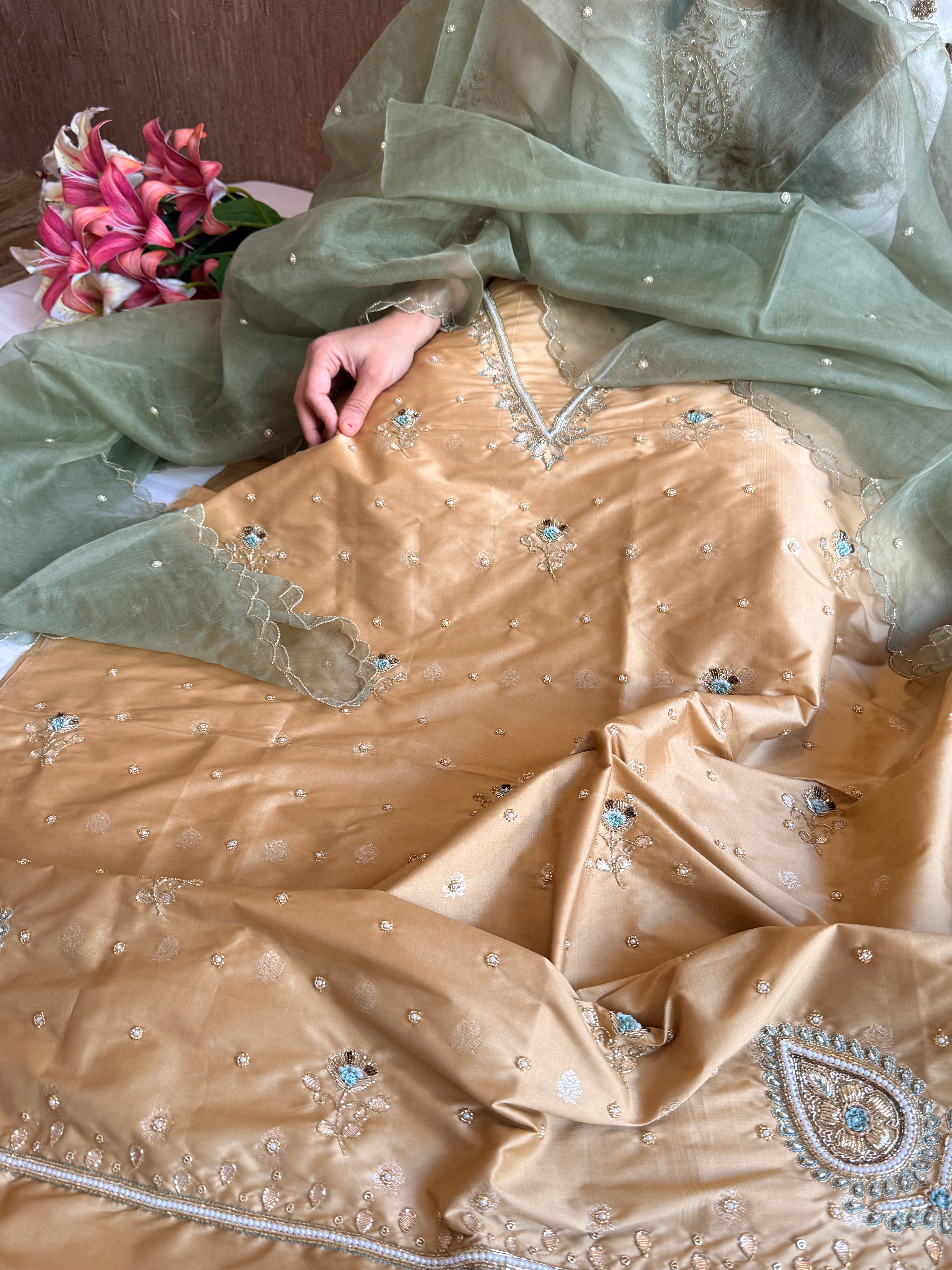 Katan silk hand embroidered banarasi kurta paired with kora silk duppata
