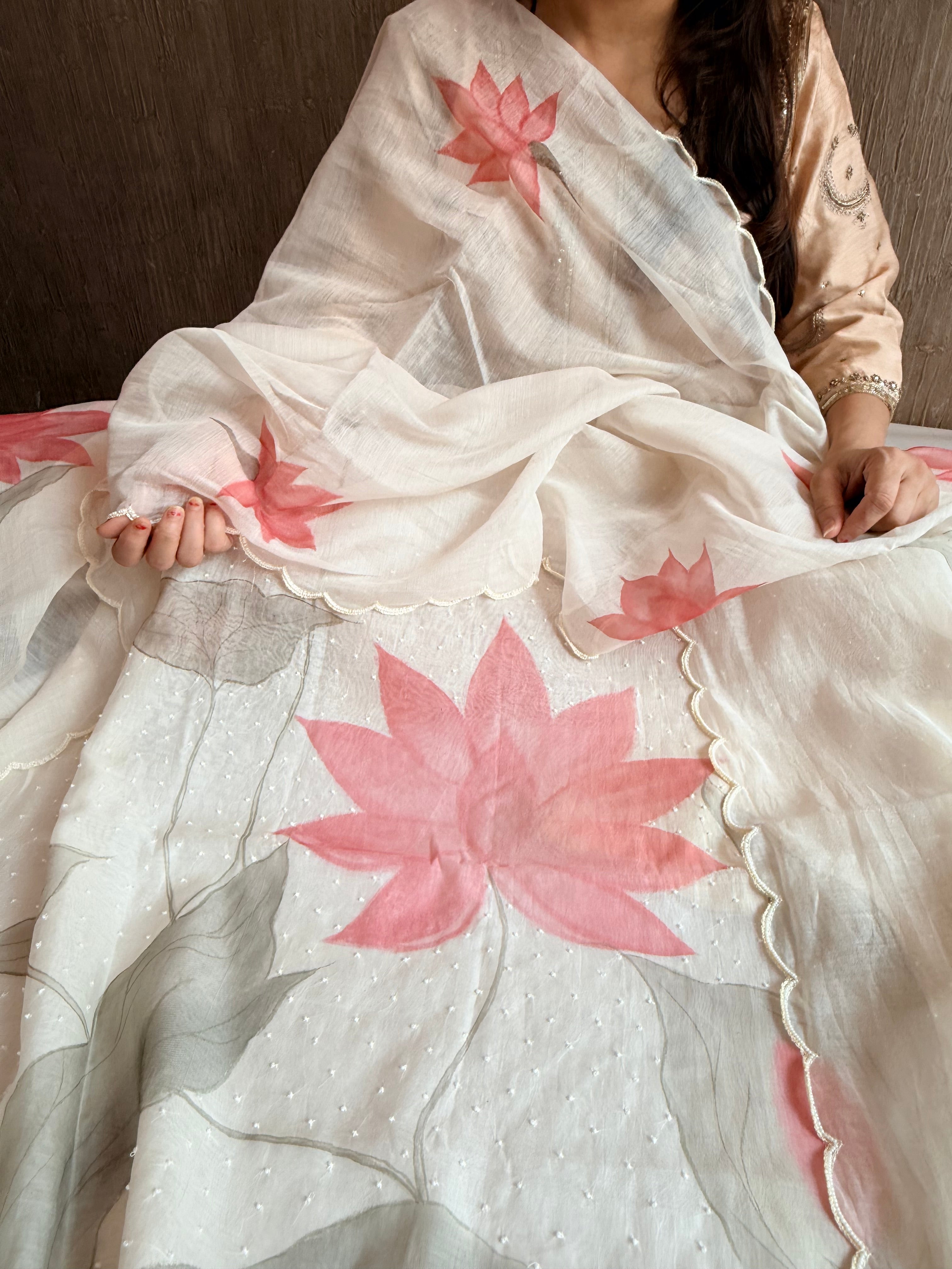 Mul cotton printed pearl work hand embroidered suit set
