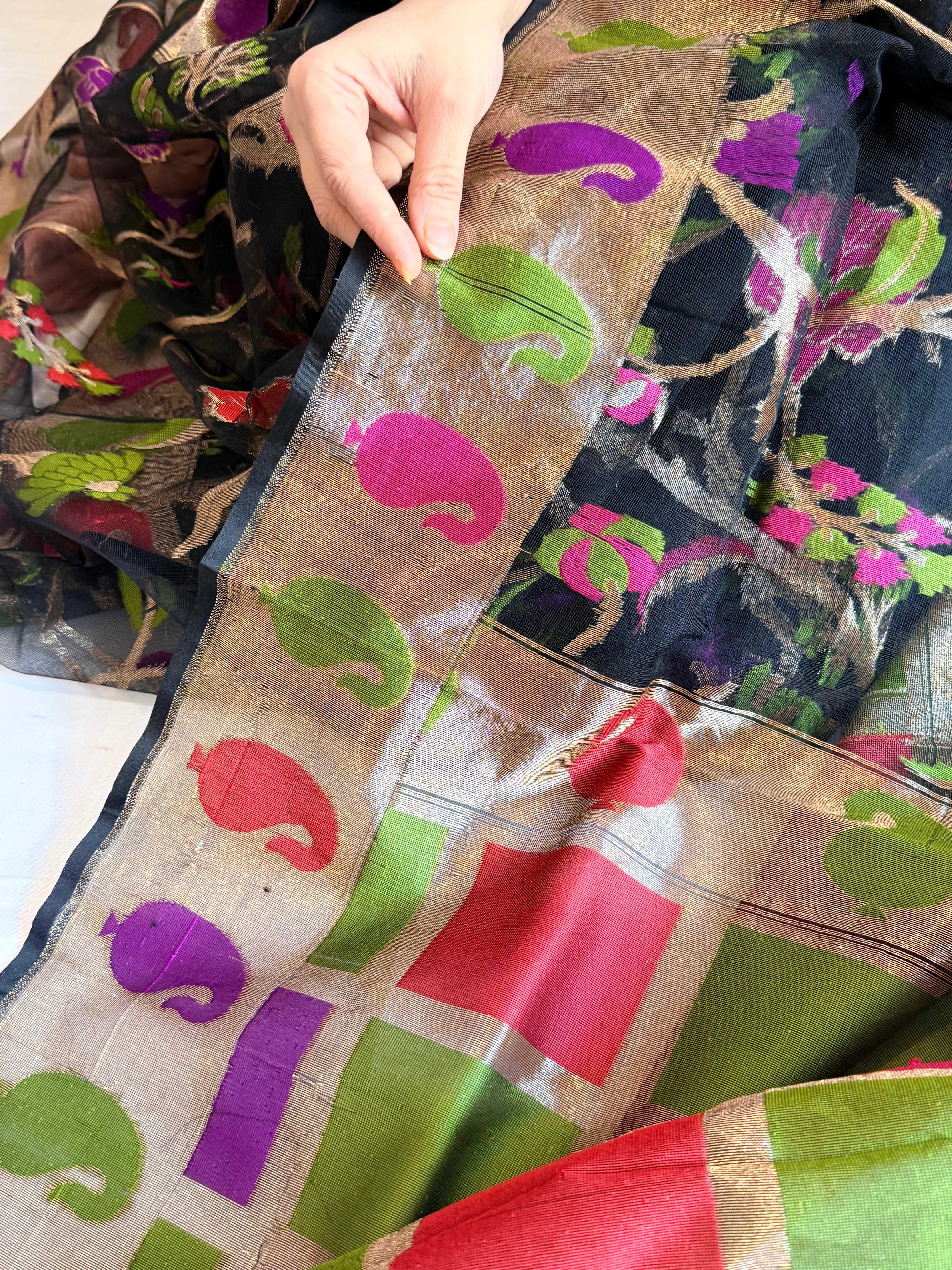 Black silk net jamdani weaving meenakari kadhwa saree