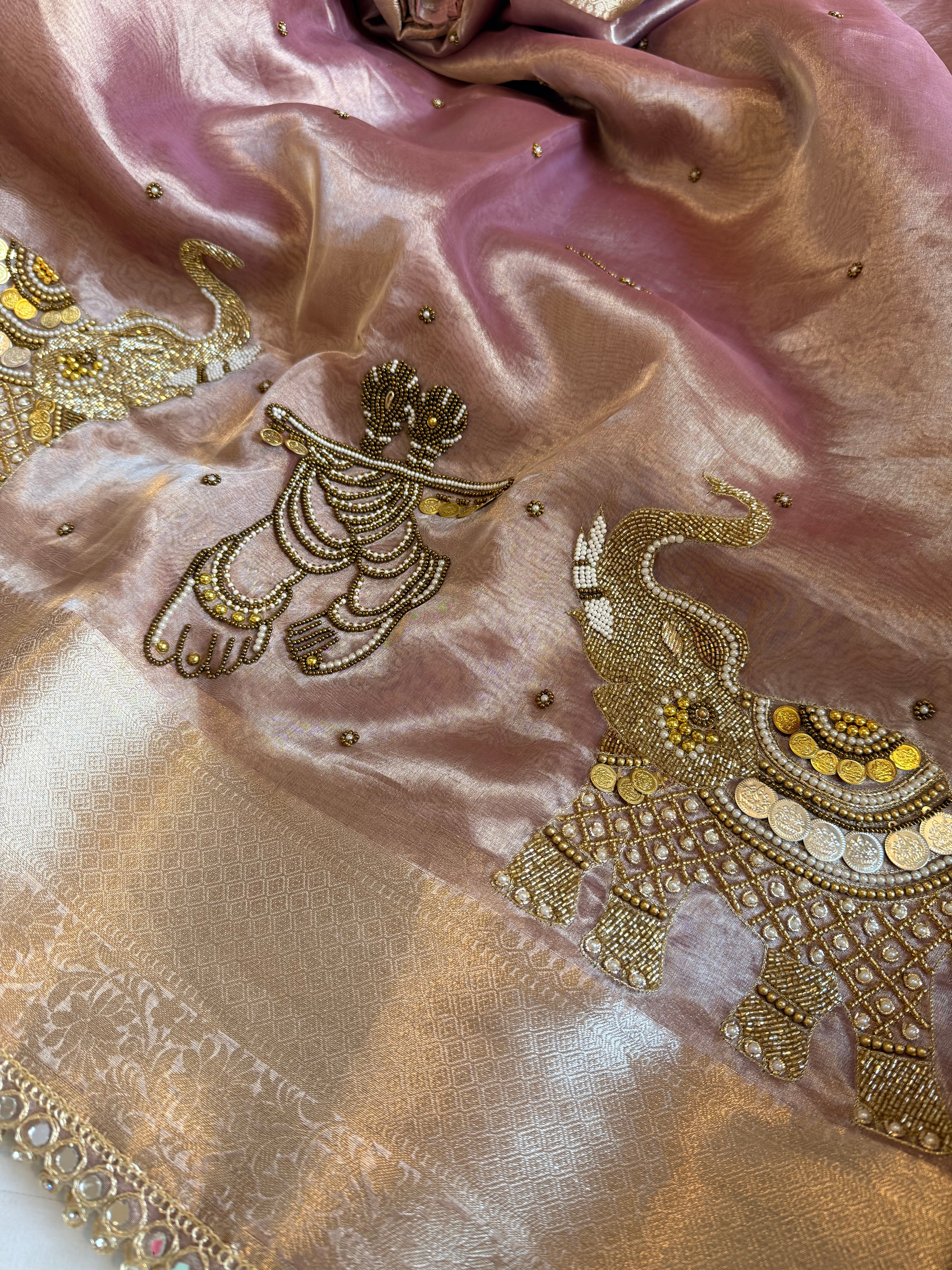 Gulabi jadau edit - Soft pink tissue silk jadau work hand embroidered saree