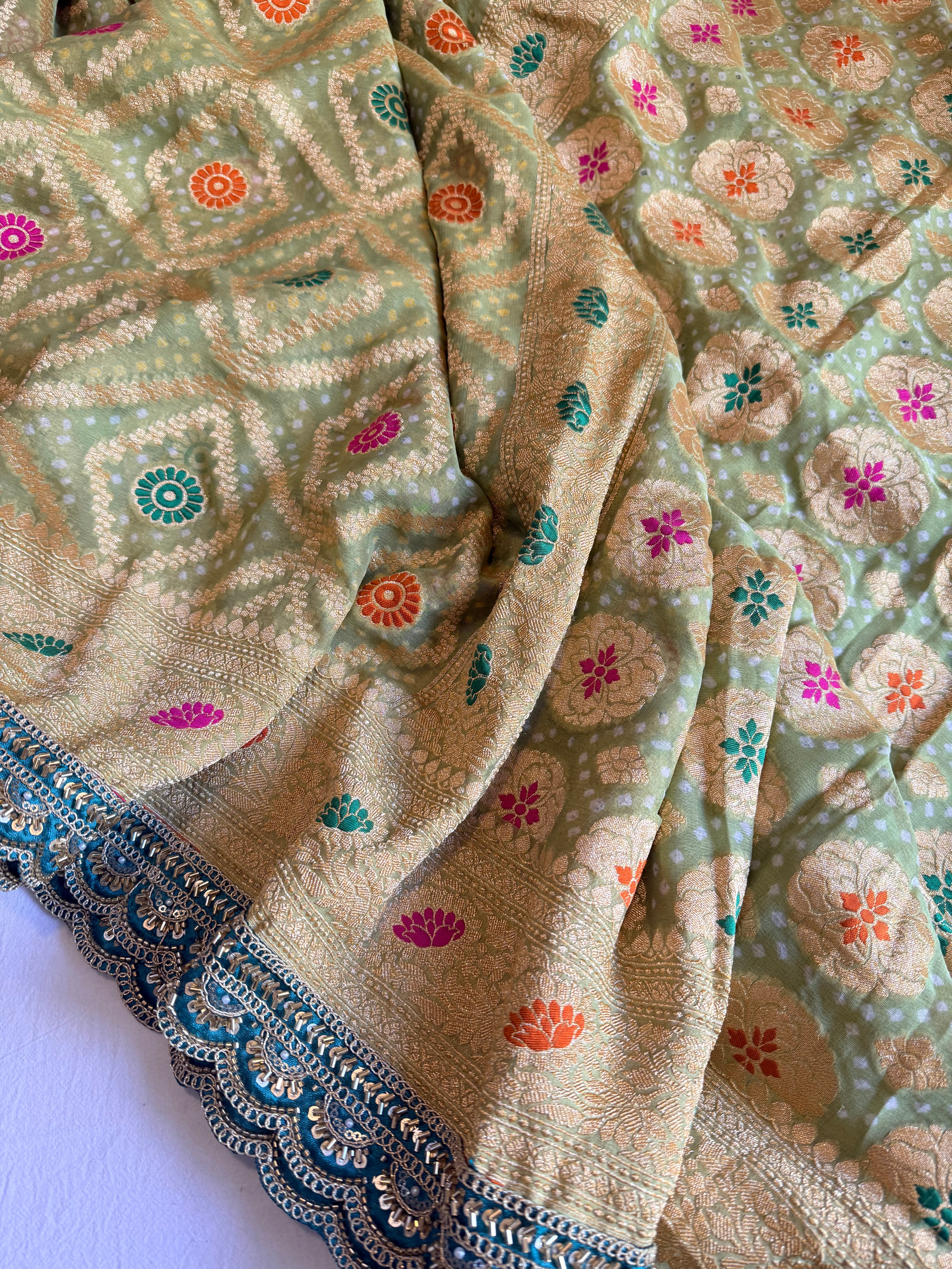 Banarasi blush shades of chiffon rai bandhej mirror work gotapatti saree