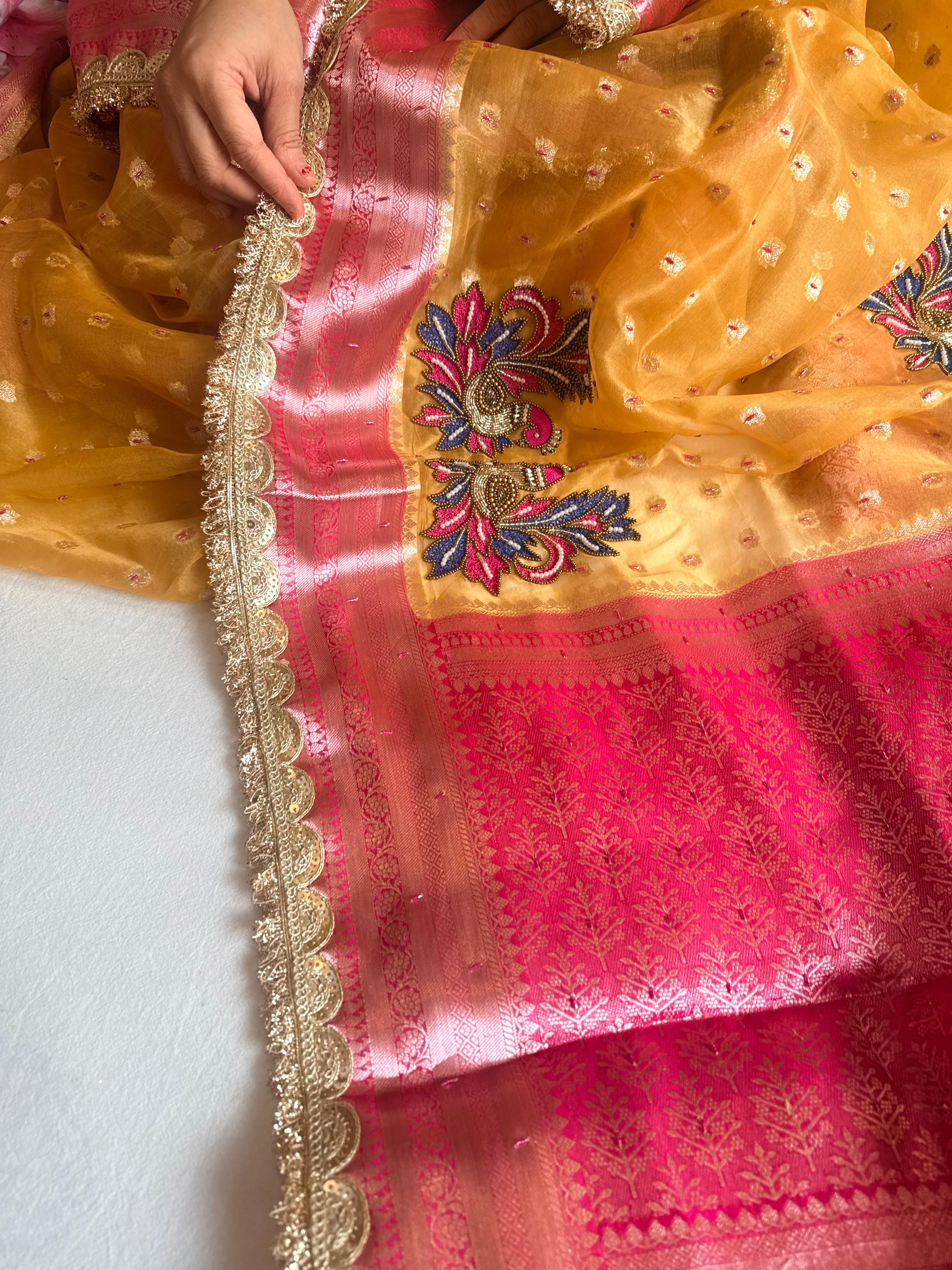 Ombre shaded kora silk kadhwa buti peacock motif hand embroidered saree