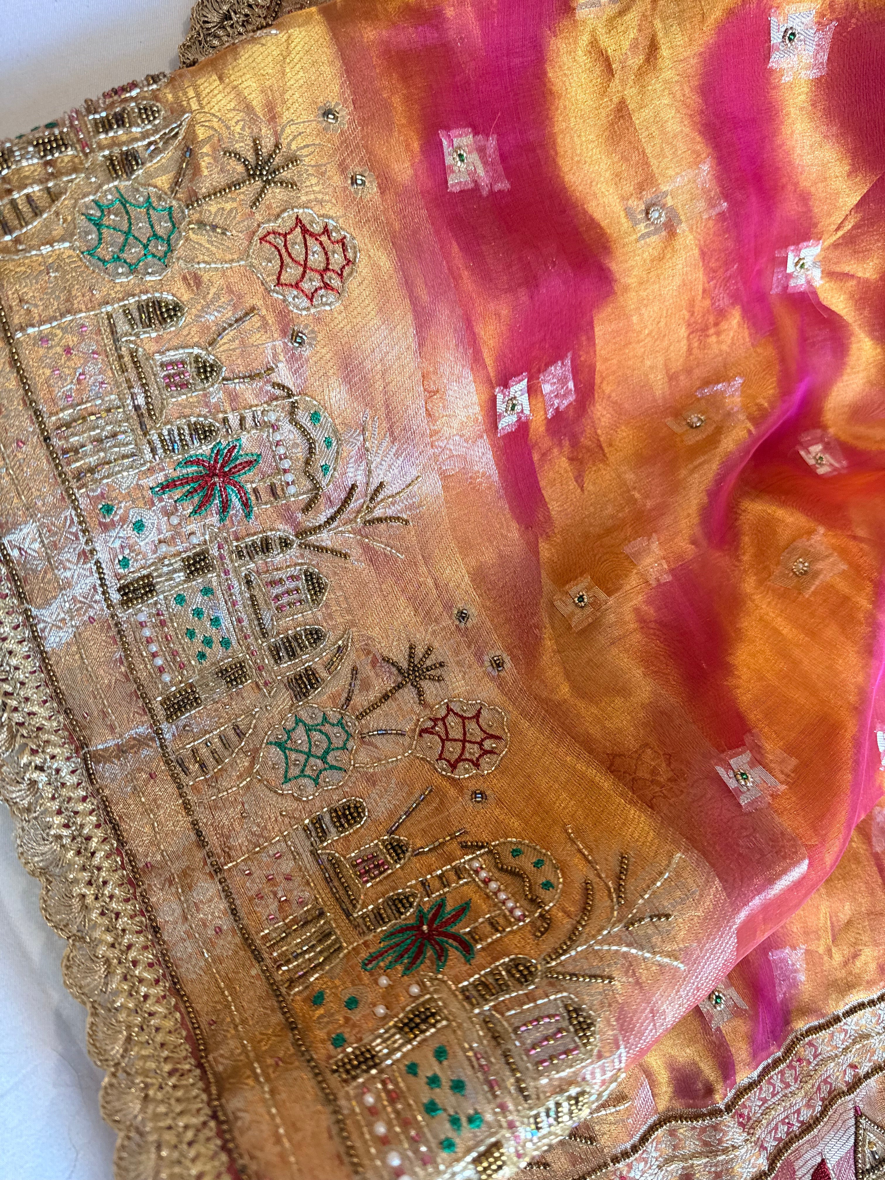 Ganga-darshan edit - Tissue silk kanjivaram pink hand embroidered kadhwa saree