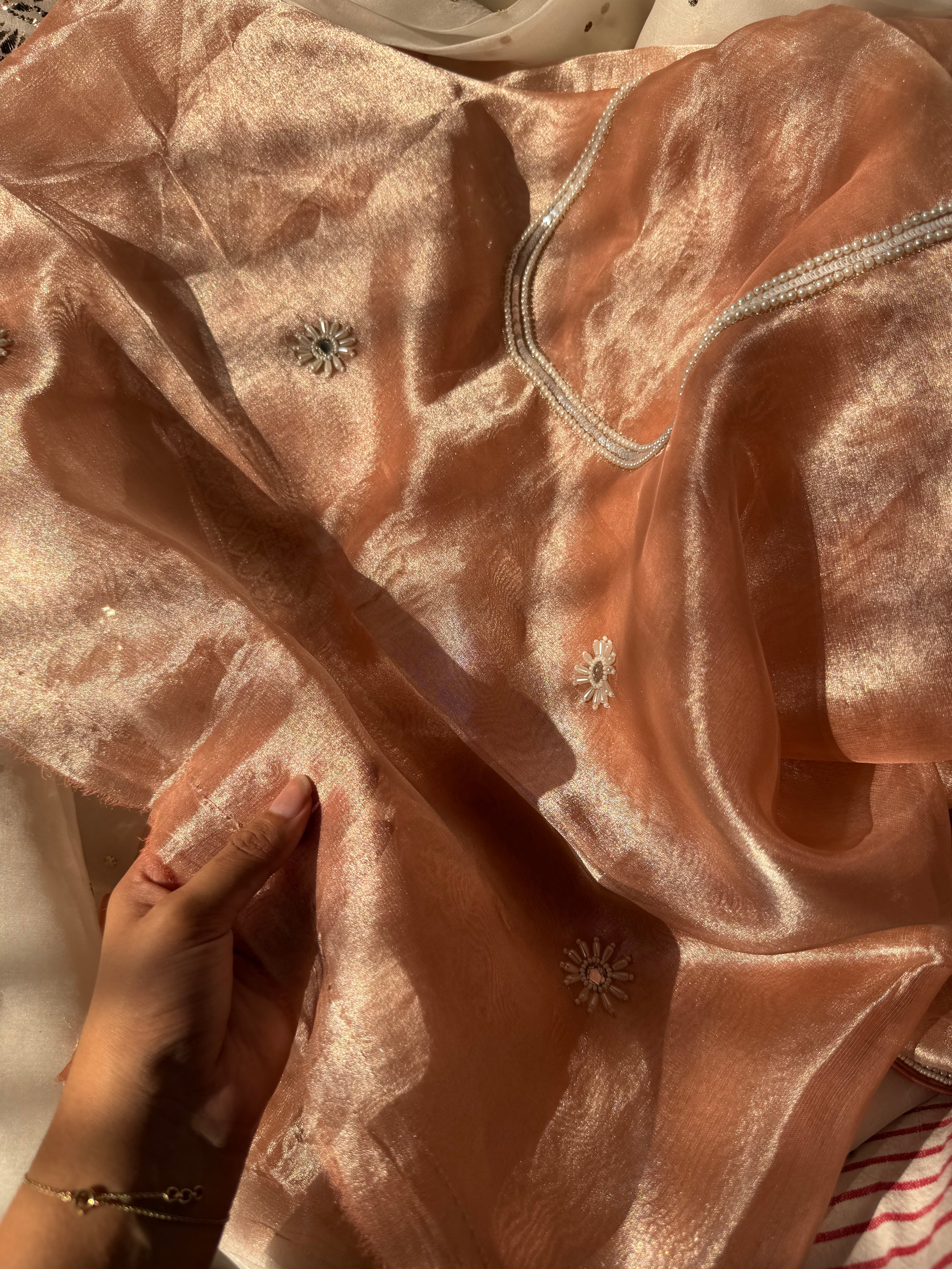 Gajri peach mirrorwork and pearlwork hand embroidered diamond tissue saree