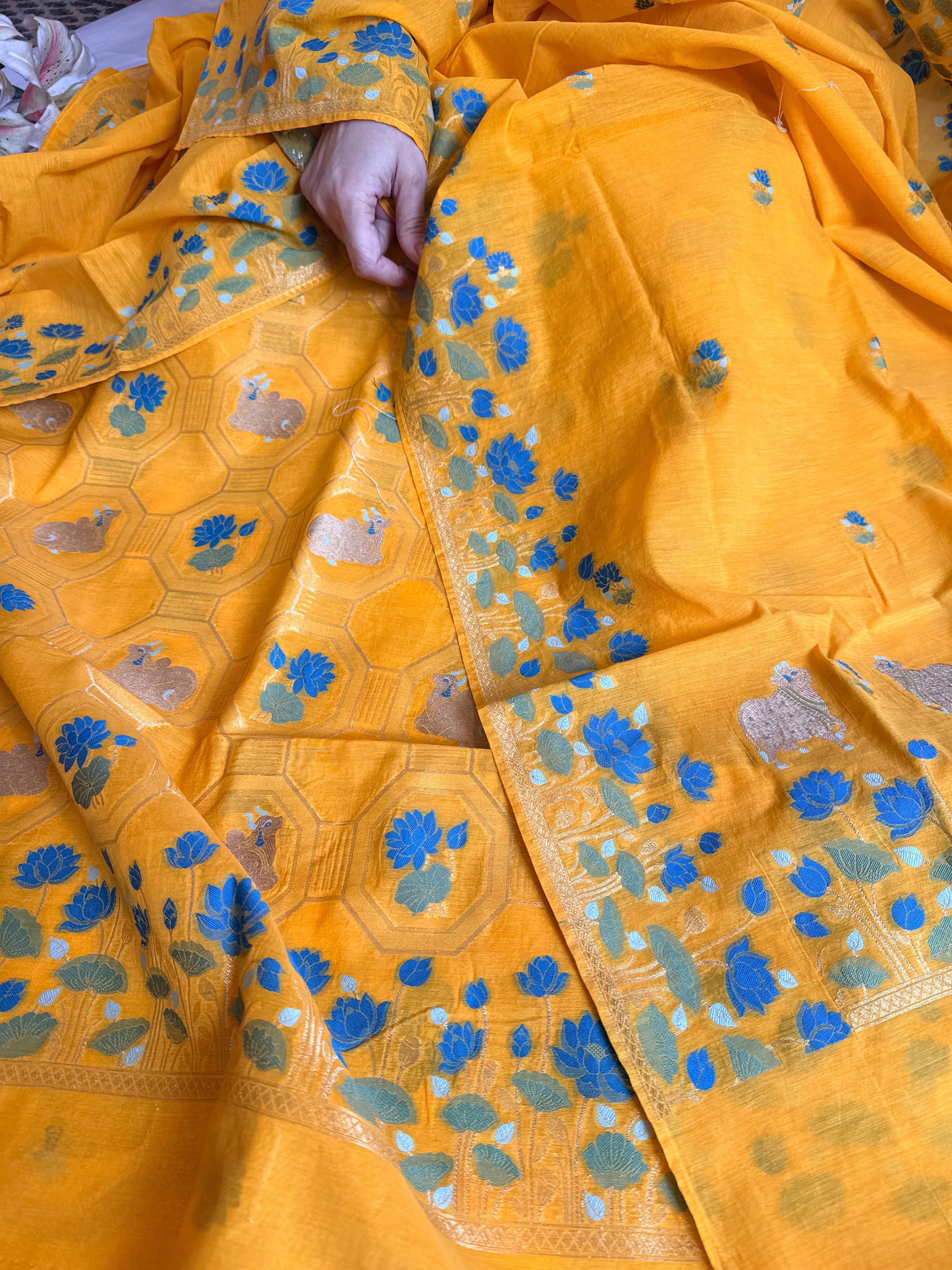 Mul cotton banarasi meenakari nandu motif suit sets