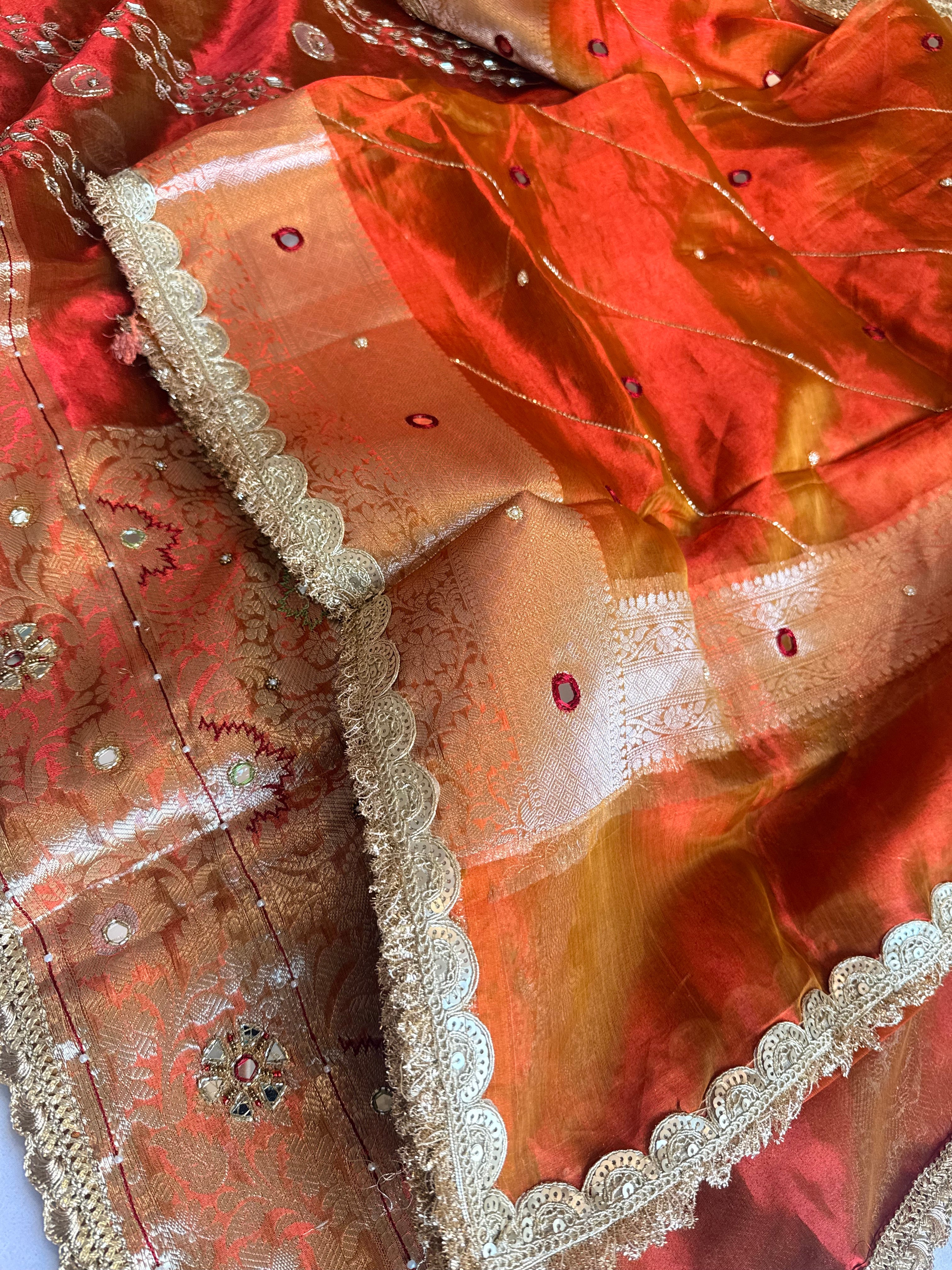 Maharani chand buta kadhwa tissue silk hand embroidered saree duppata set