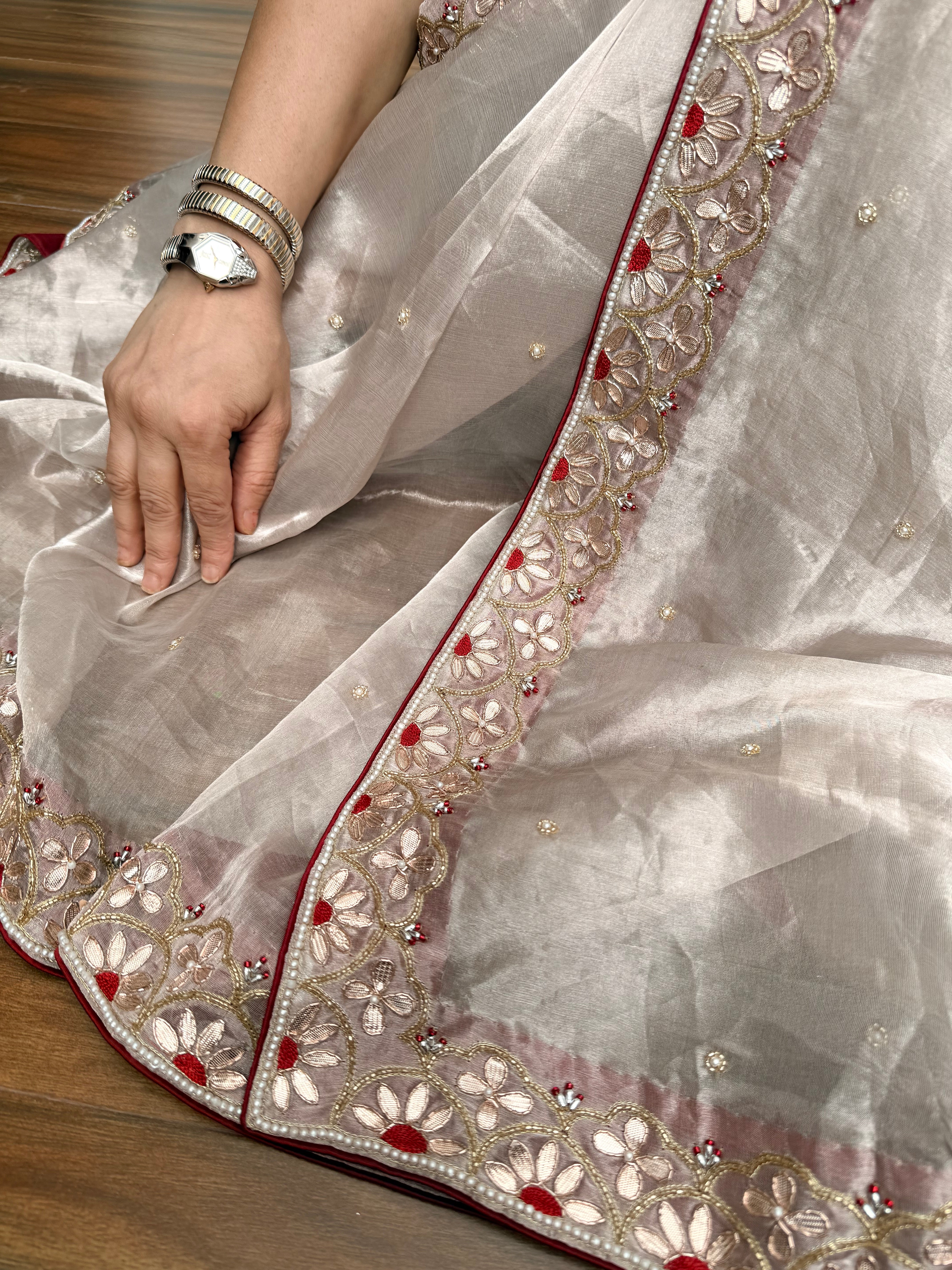 Tyohaar edit - Diamond tissue silk mirror and zardozi work hand embroidered saree