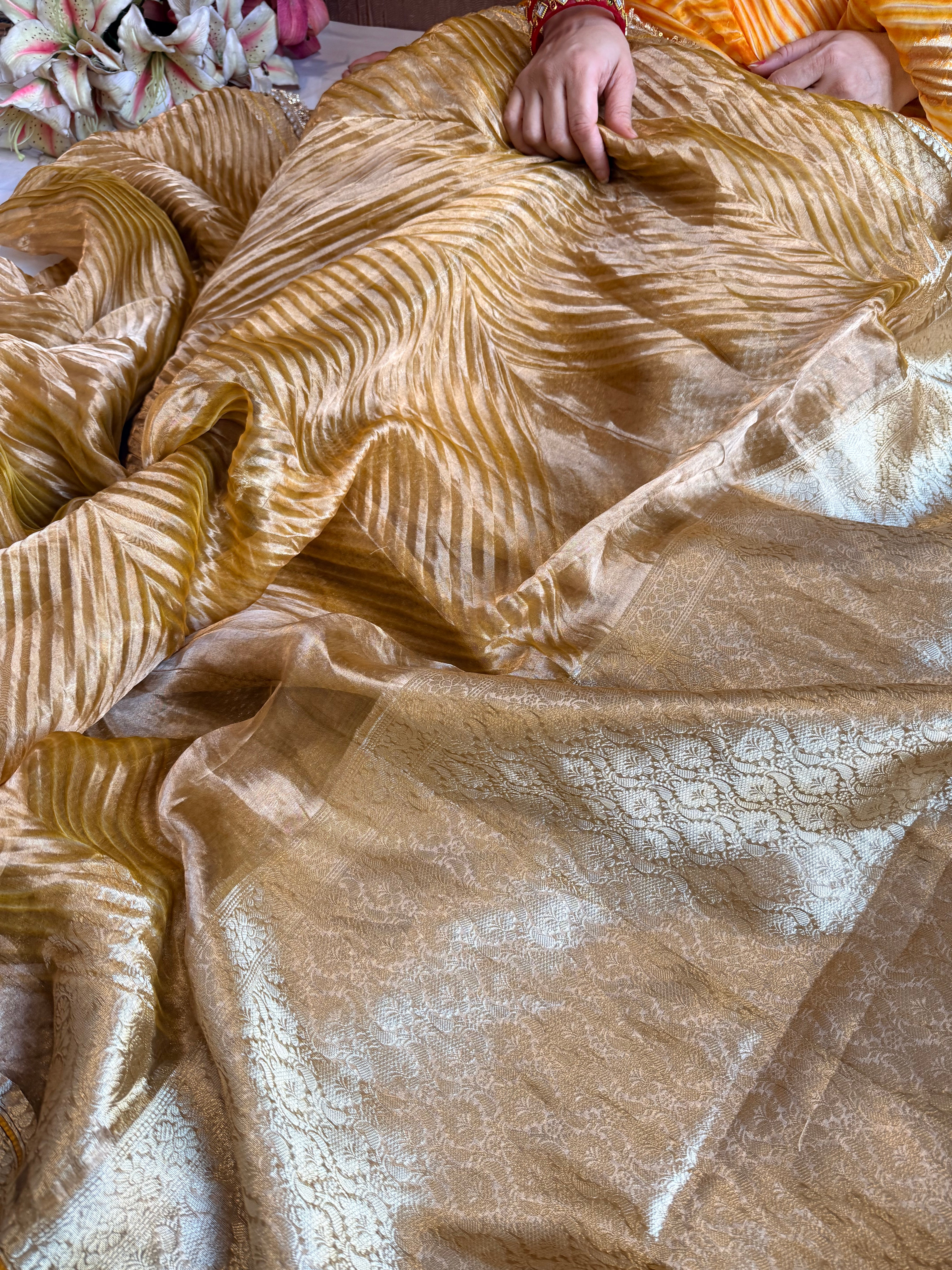 Yellow gold tissue silk arshi dyed mirrorwork hand embroidered kadhwa saree