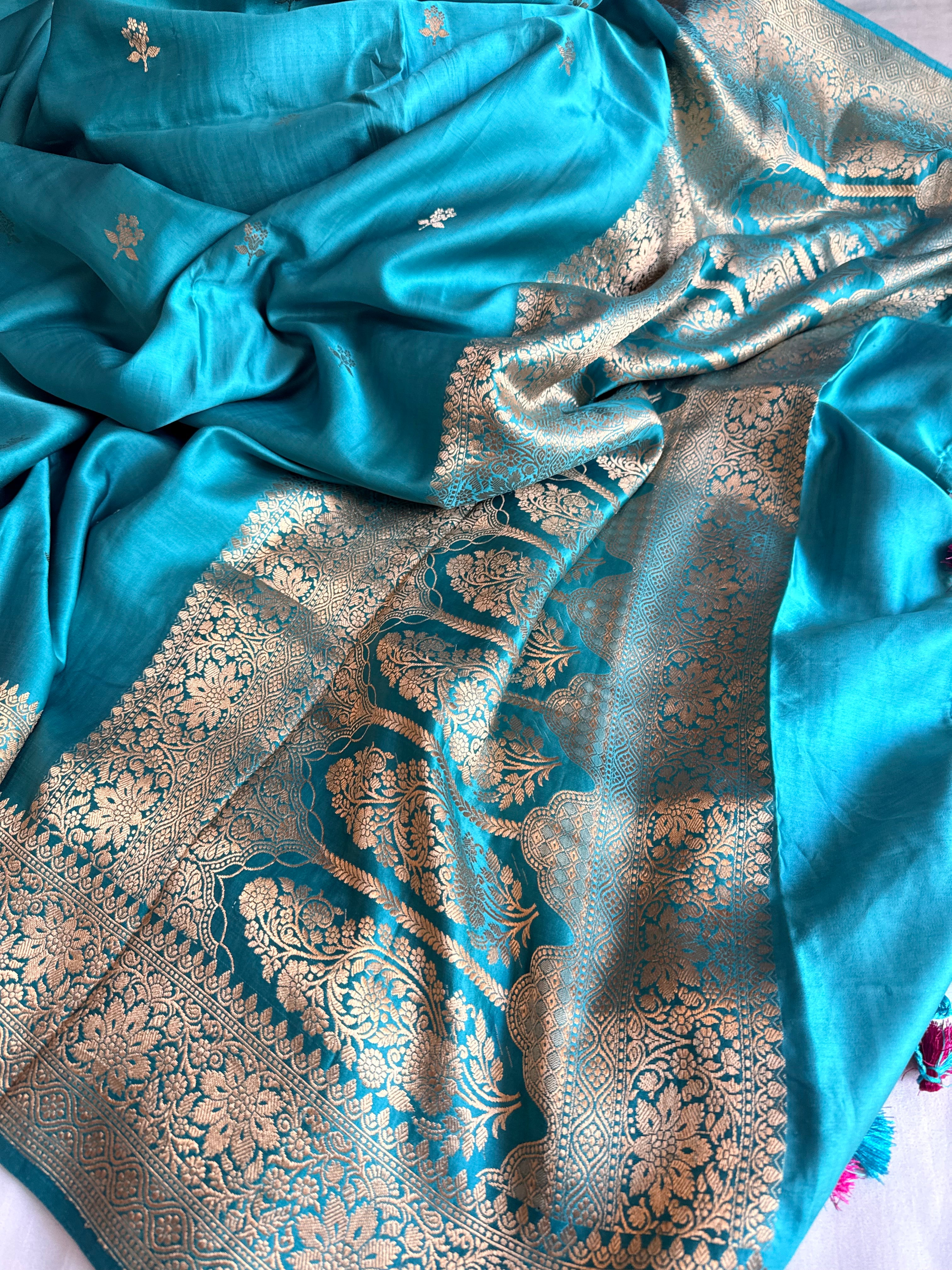 Firozi blue banarasi mashru silk kadhwa buti saree