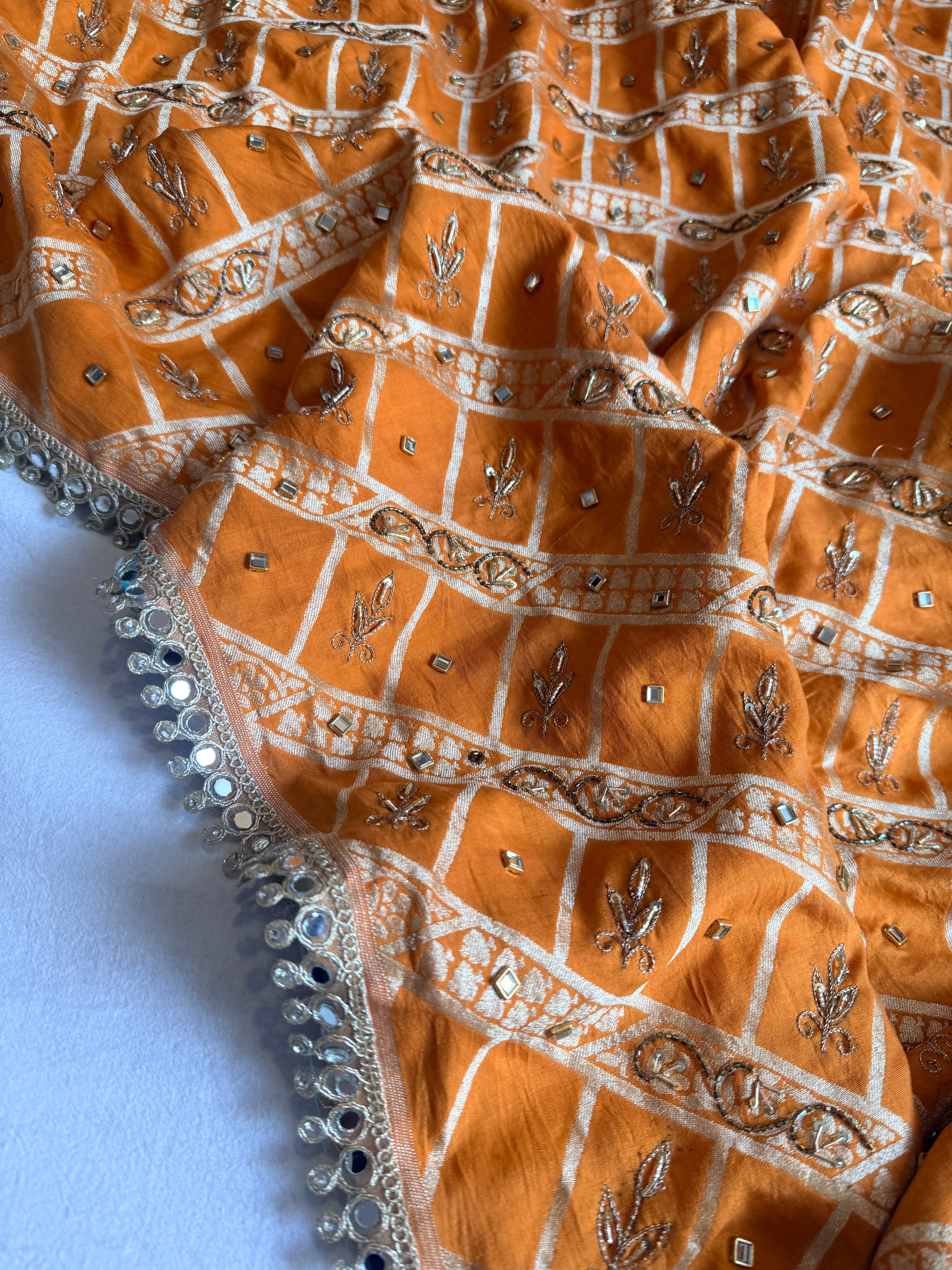 Spun chiniya silk mirrorwork hand embroidered banarasi saree