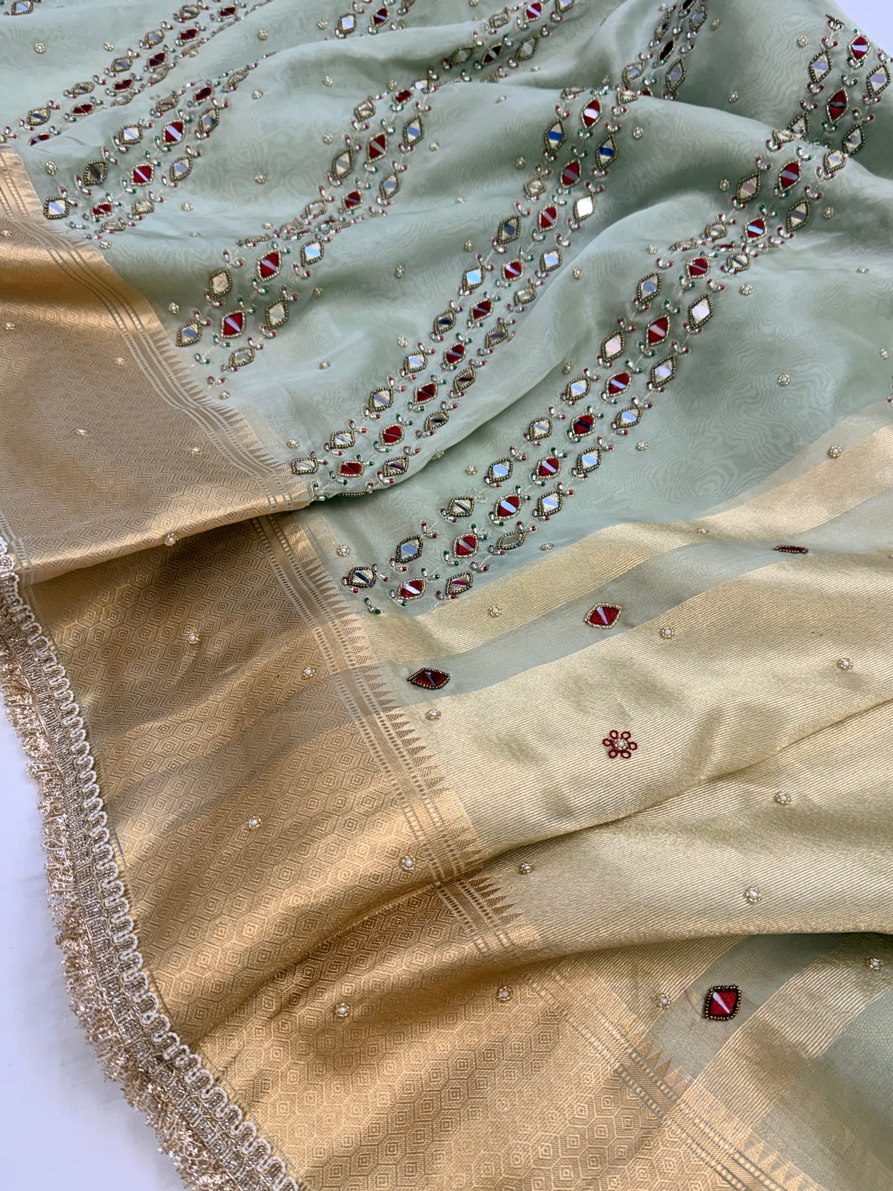 Mint green kora silk banarasi hand embroidered kadhwa saree