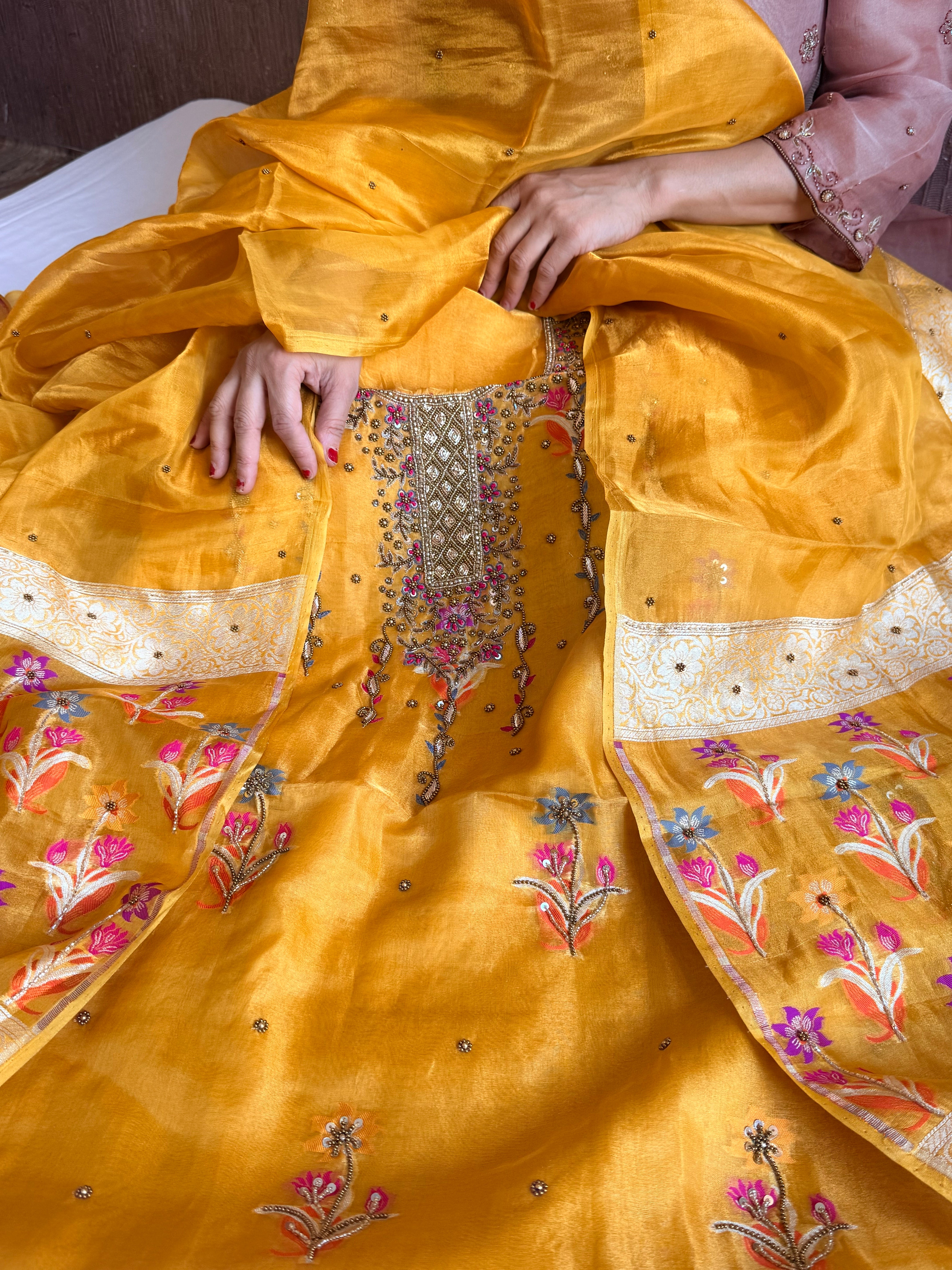 Banarasi tissue silk haldi yellow tissue silk meenakari hand embroidered suit set