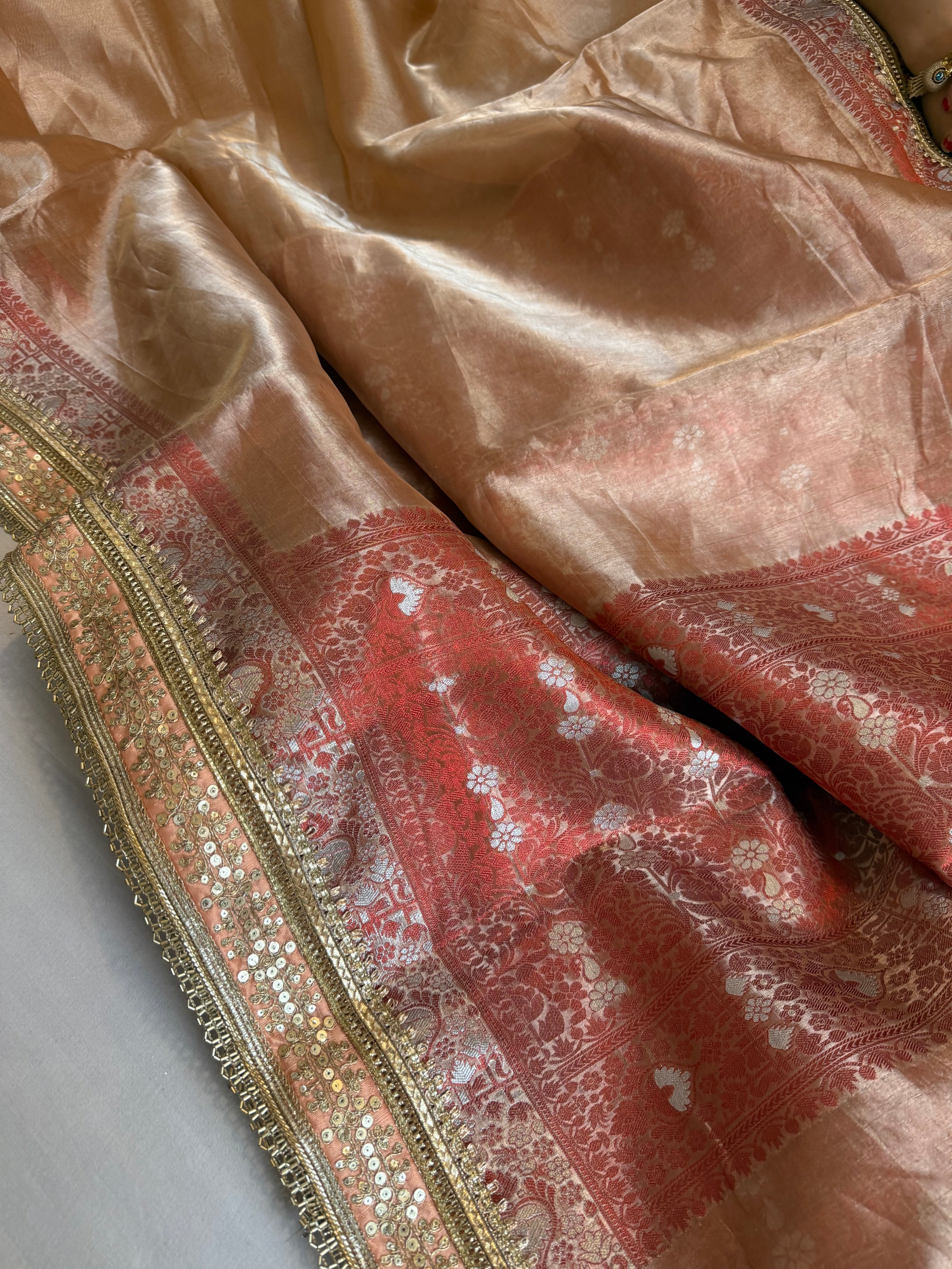 Maharani chuski orange tissue silk meenakari kadhwa saree