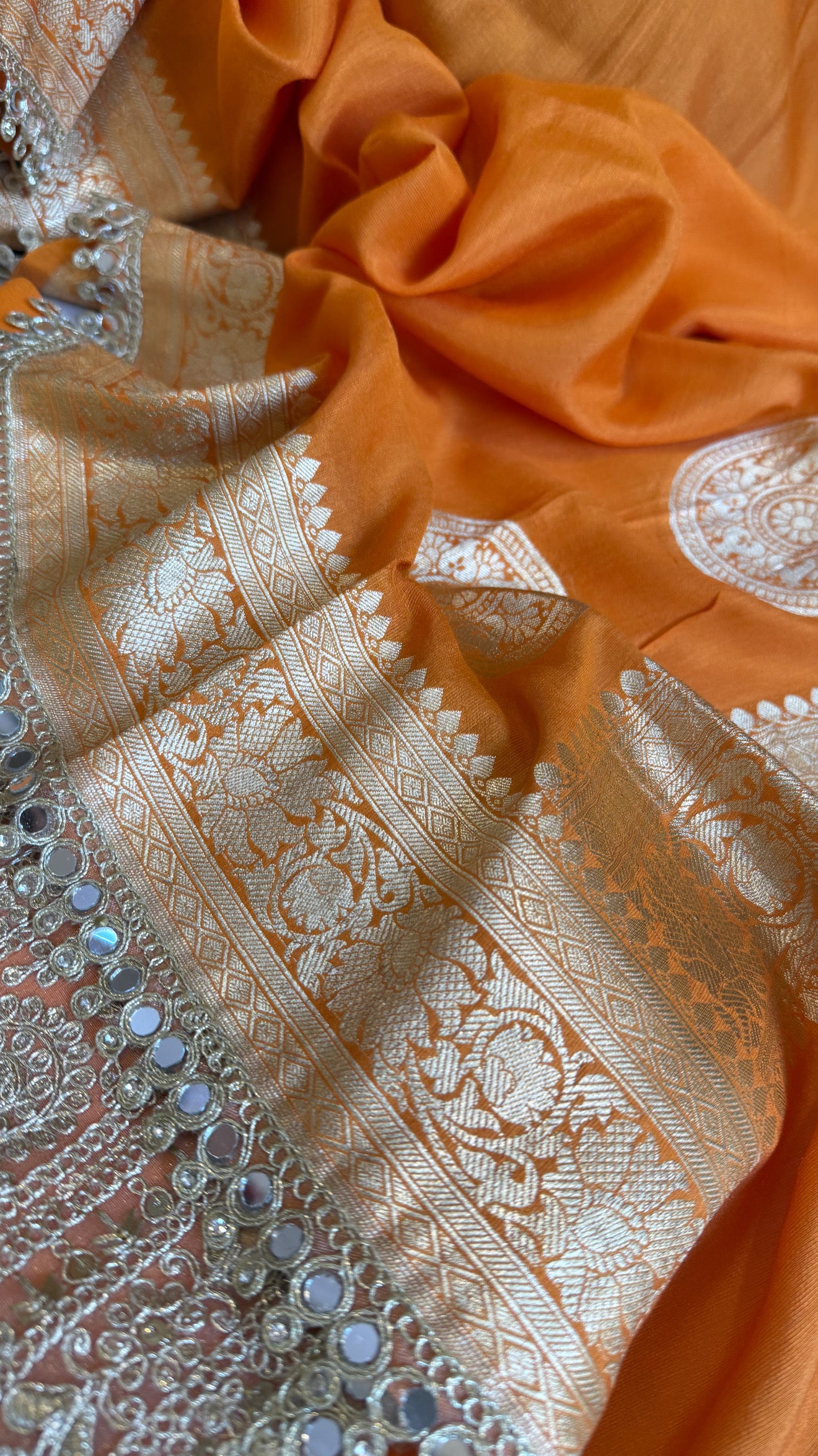 Banarasi mango shade gorgette kadhwa mirror work gotapatti suit set