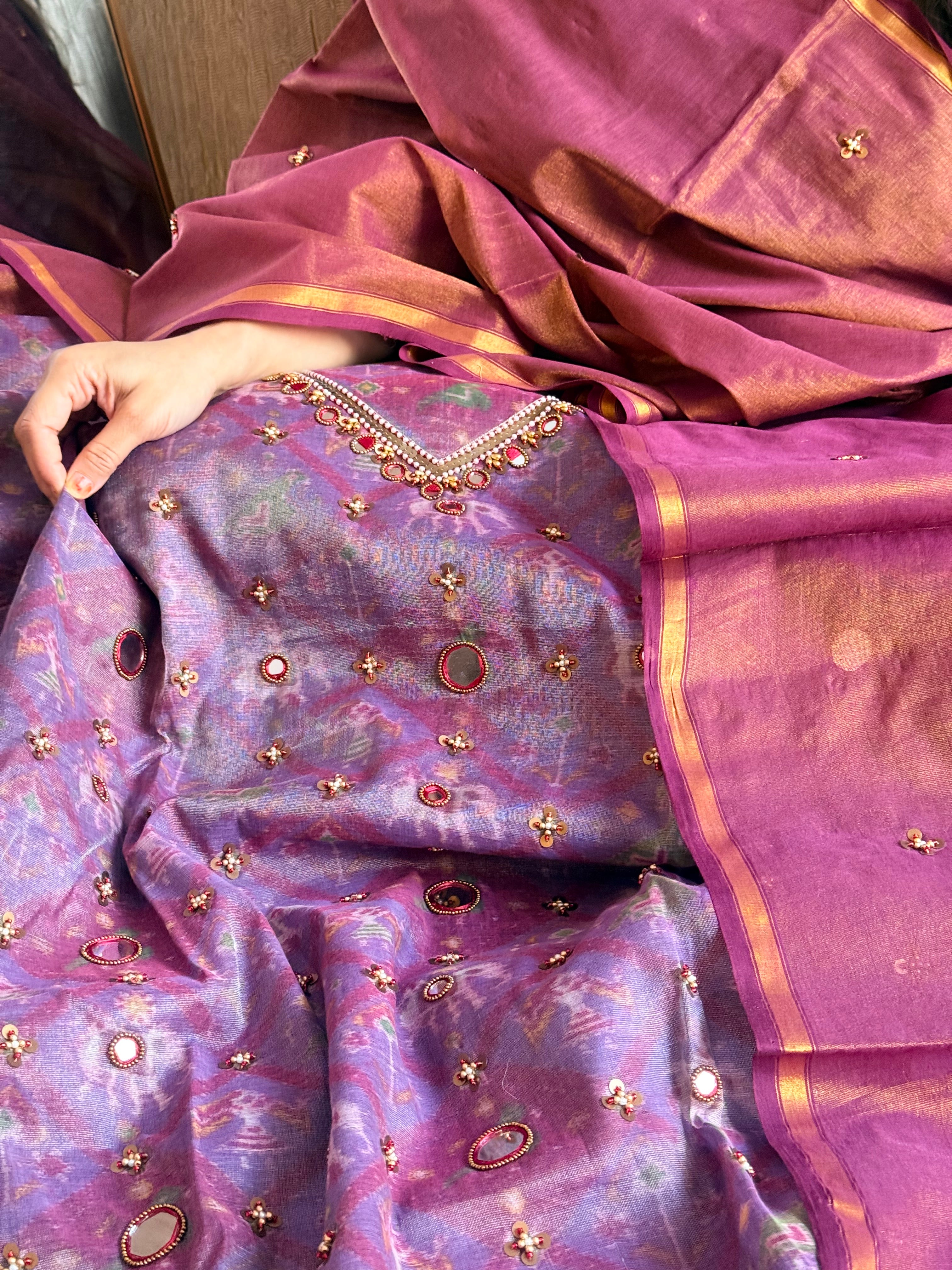 Patola weaving hand embroidered mul cotton tissue suit sets