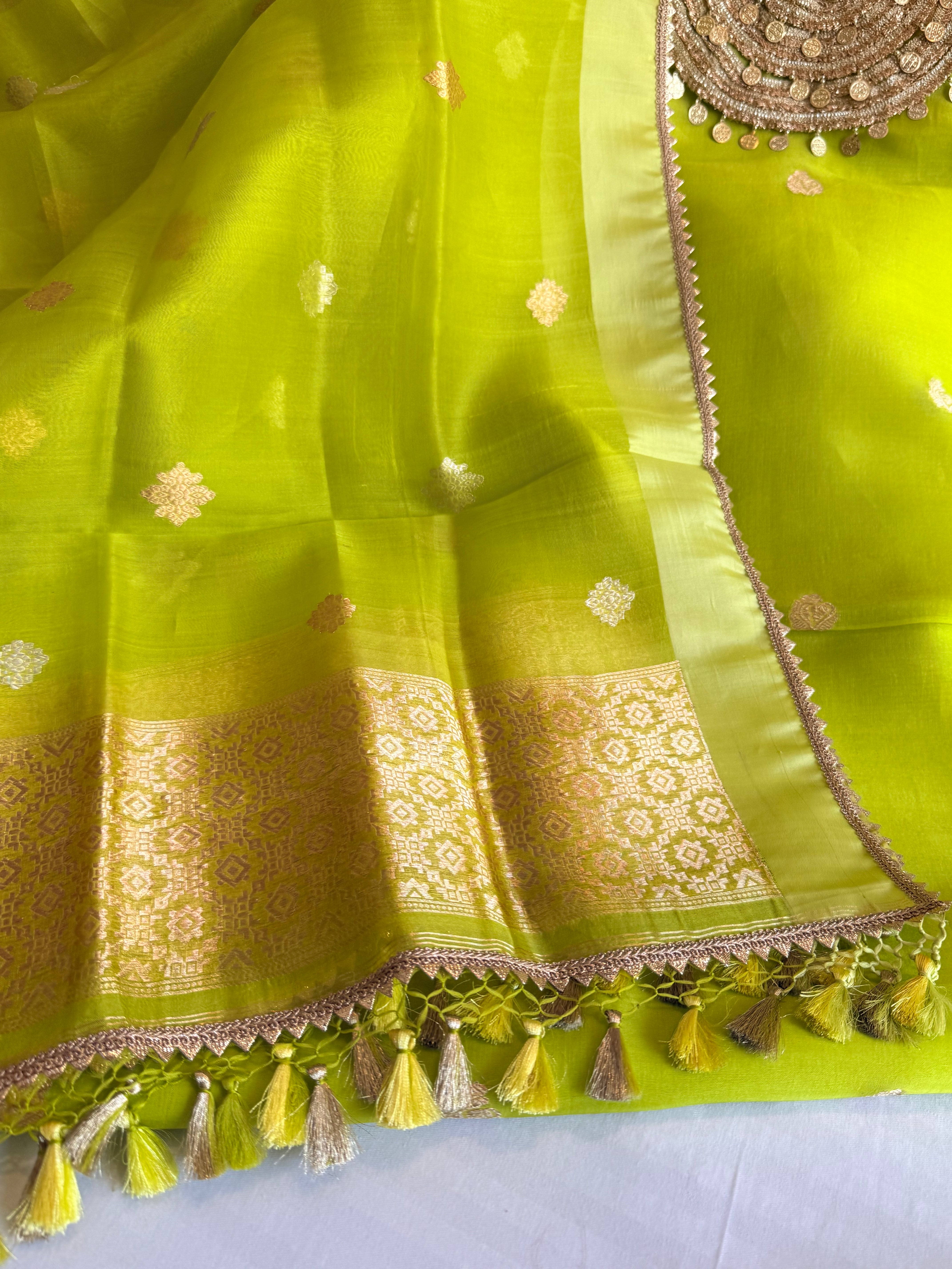 Coinwork banarasi kora silk lemon green kadhwa suit set