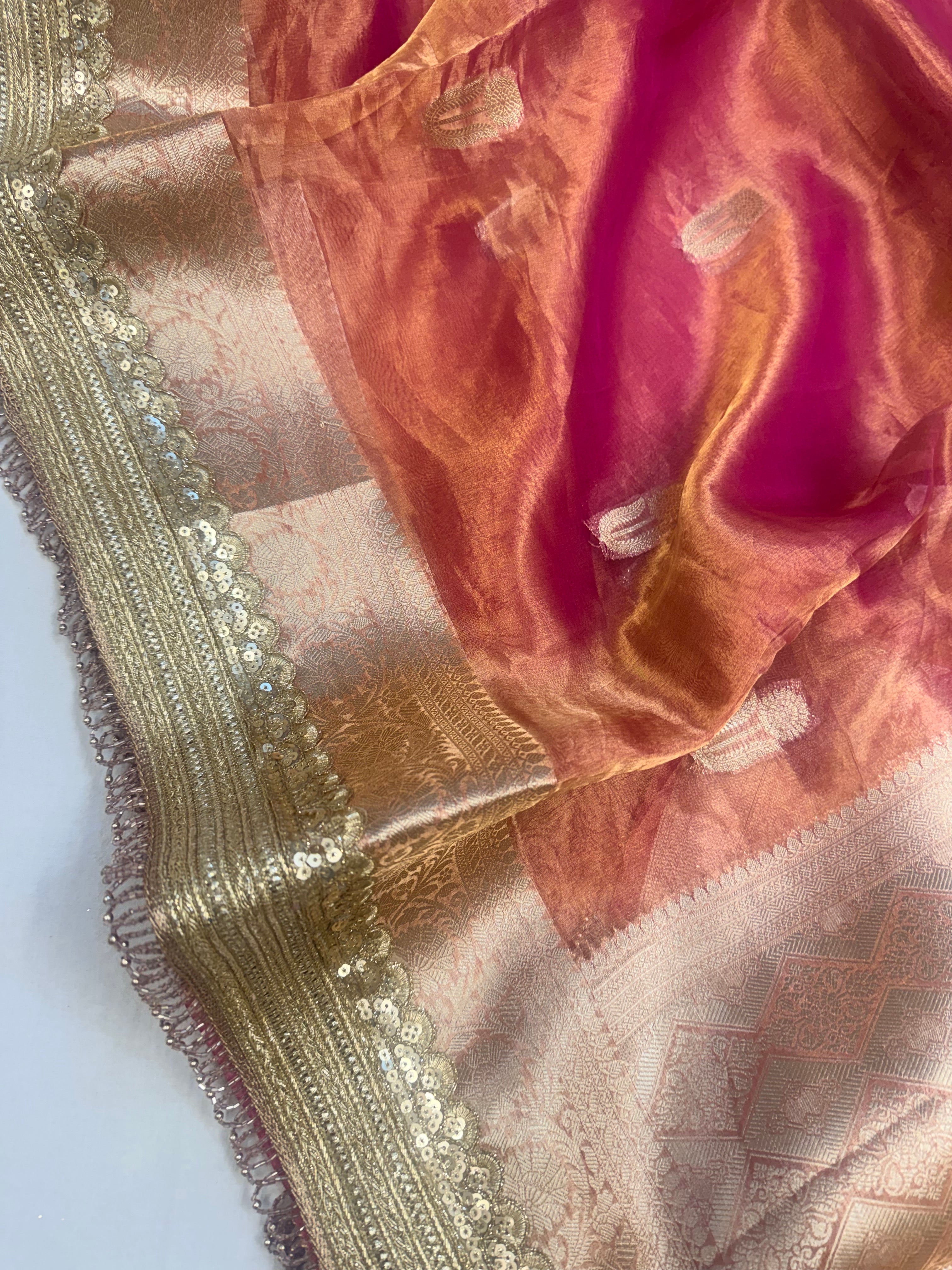 Hot pink tissue silk kadhwa buti gotapatti saree