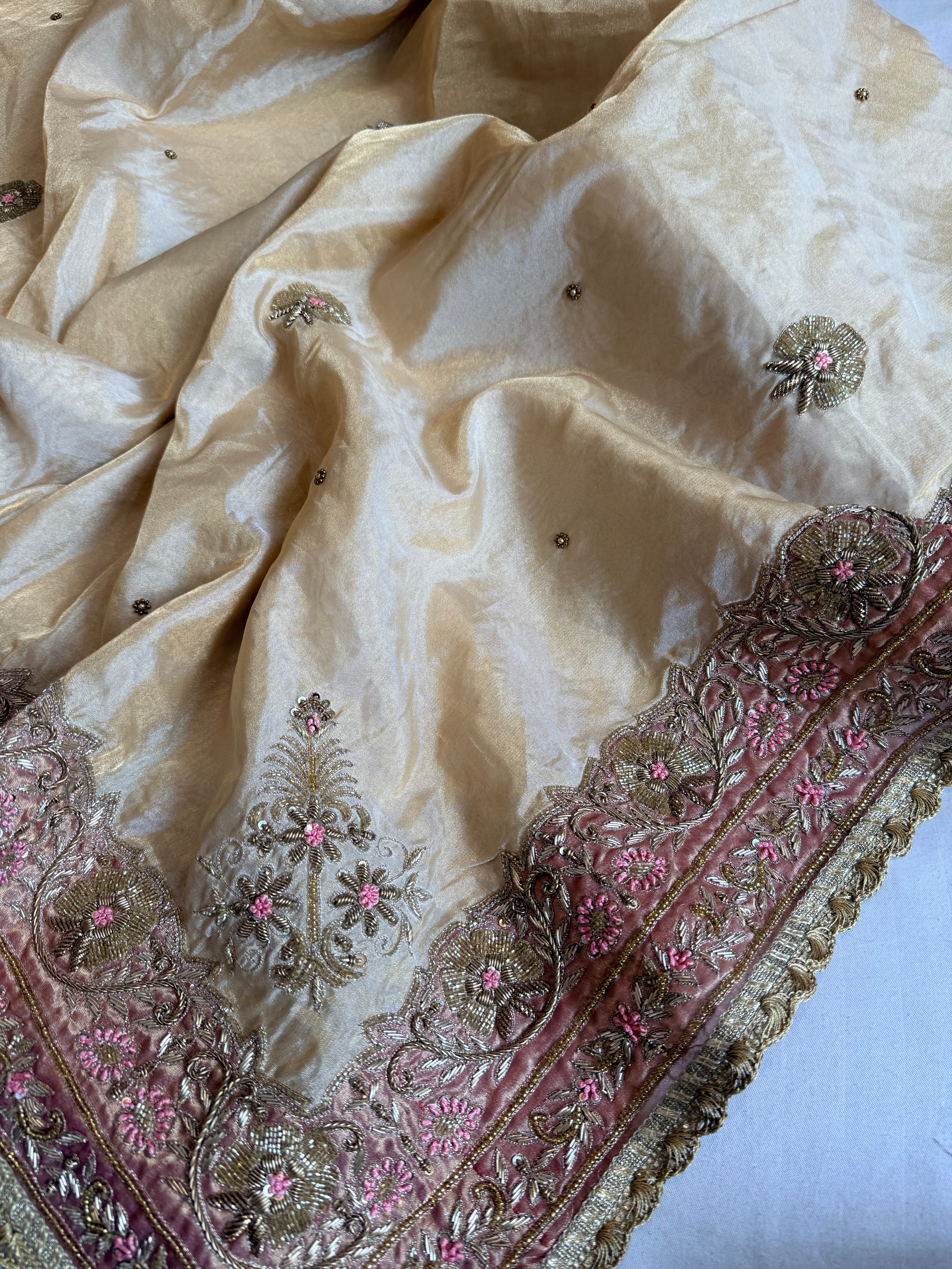 Dulhan wali saree edit golden tissue silk hand embroidered saree