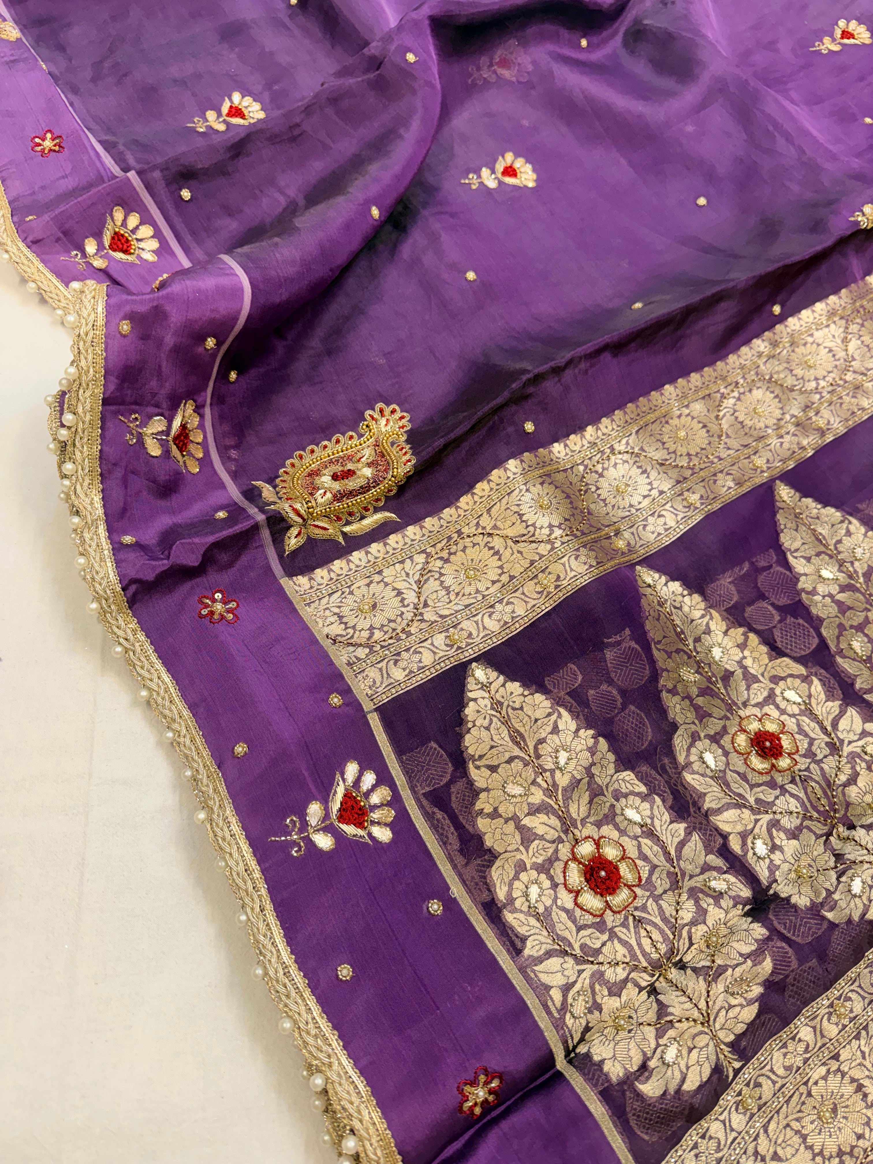 Brinjal purple tissue silk hand embroidered kadhwa saree