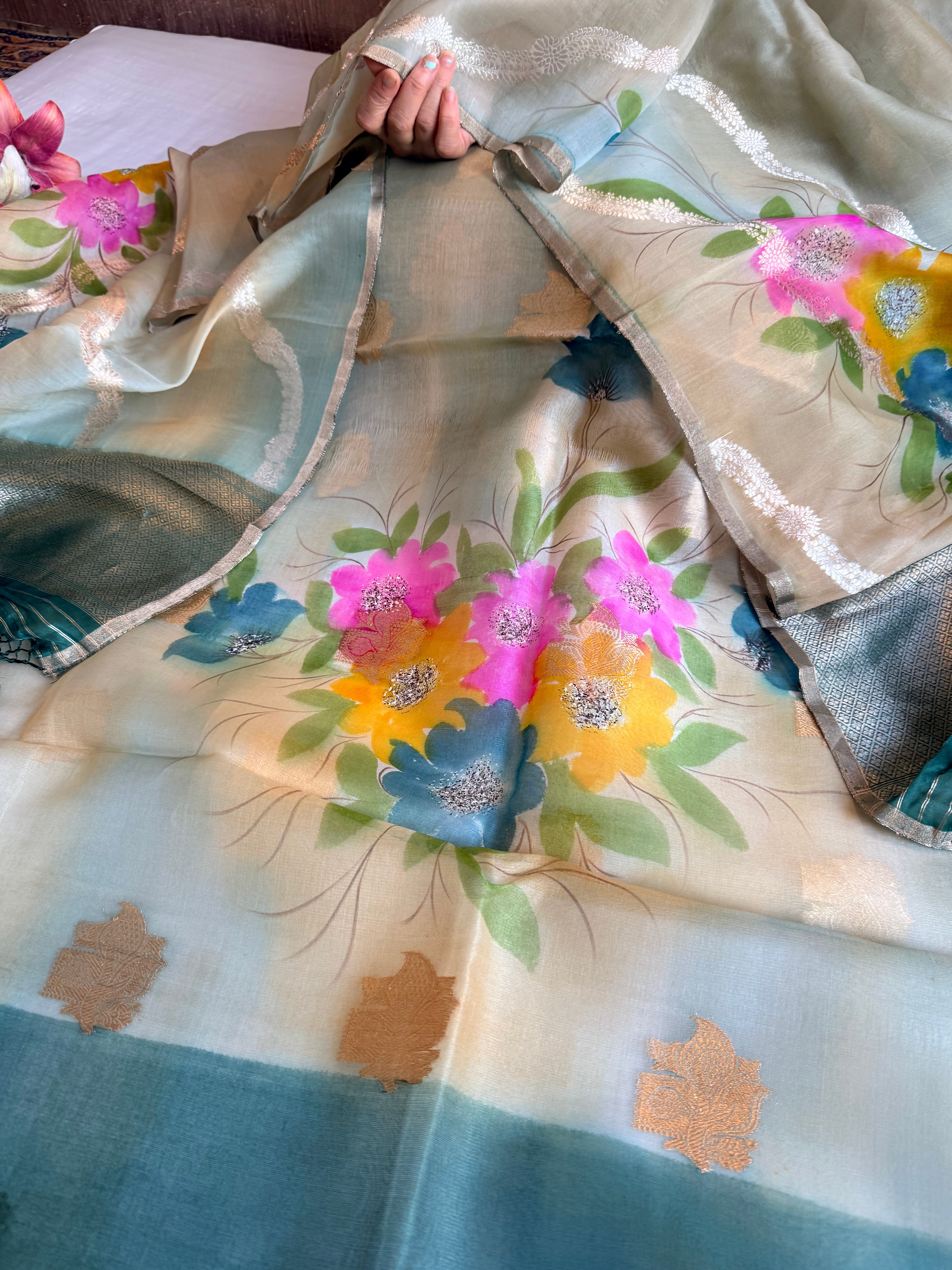 Rainbow dyed kora silk handpainted brush dyed banarasi suit sets