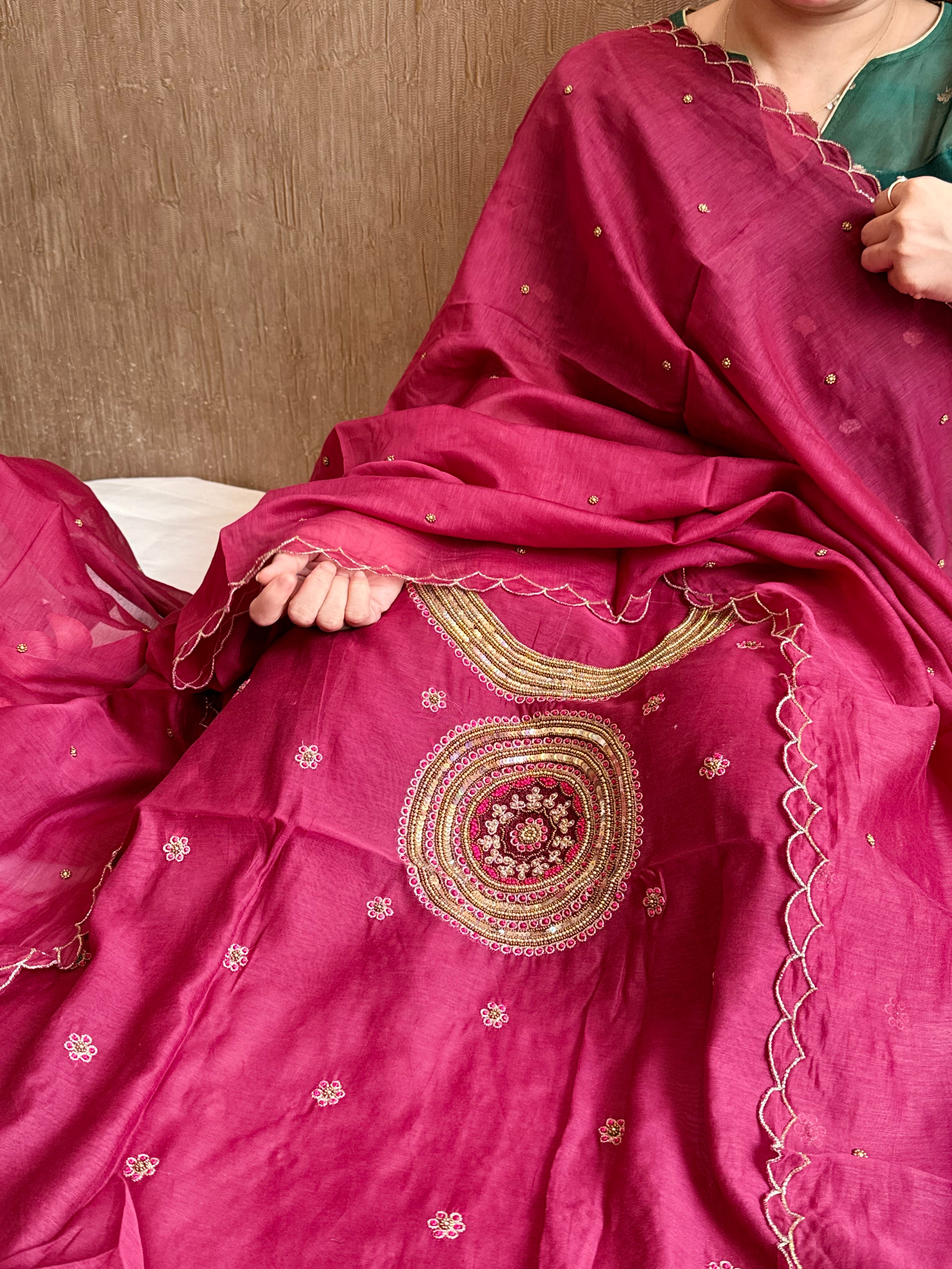Mul cotton mandala inspired hand embroidered kadhwa suit set