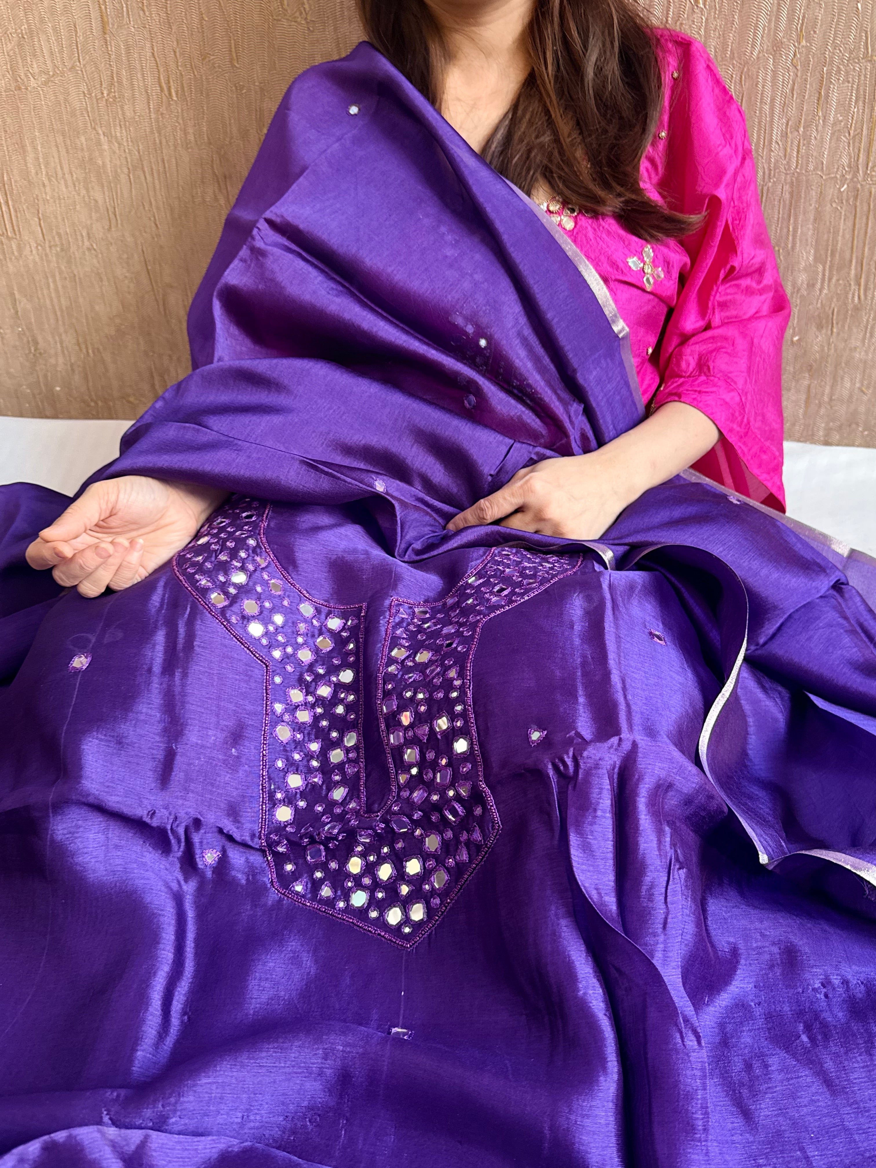 Spun chiniya silk mirror work hand embroidered banarasi suit set