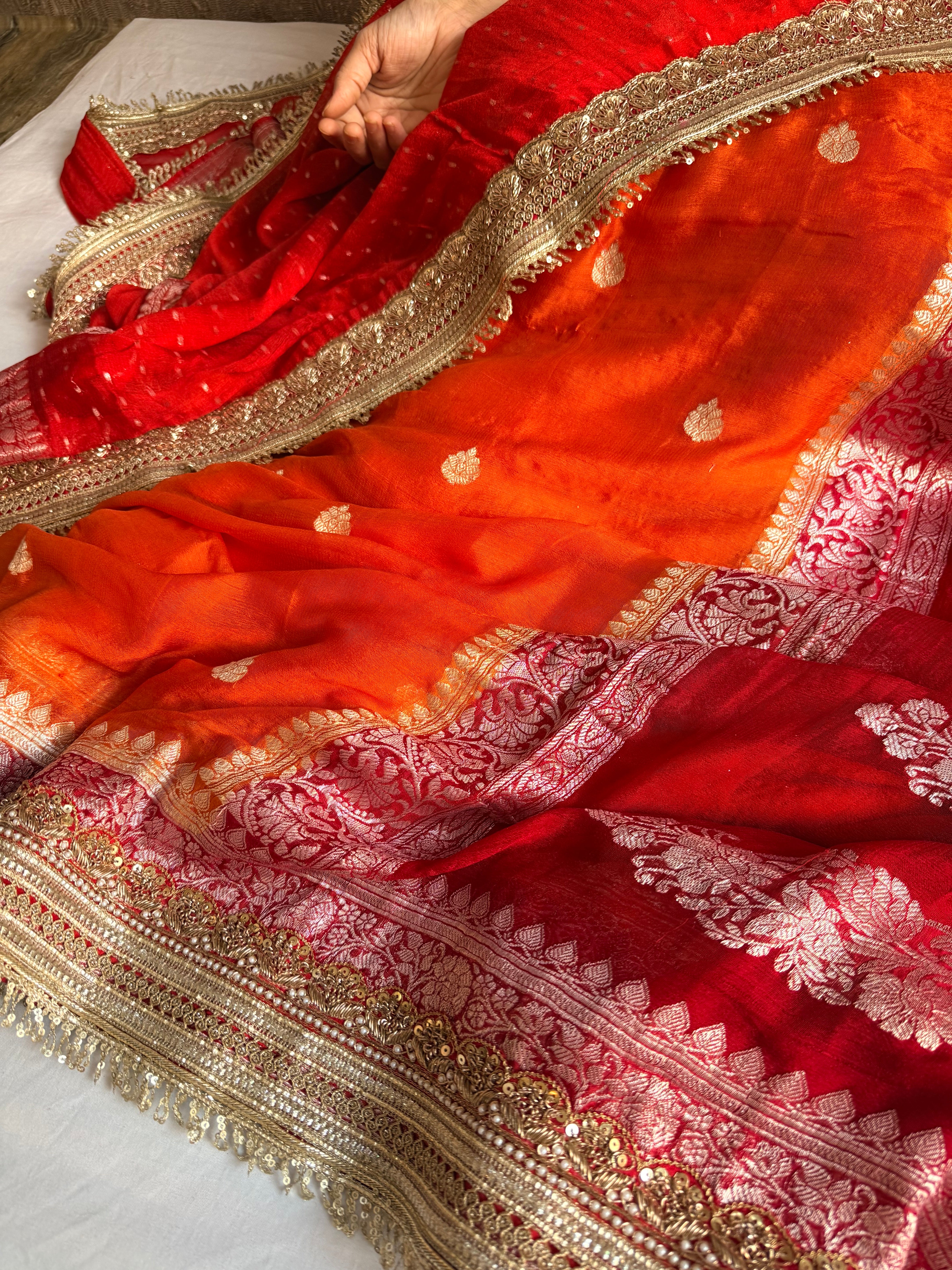 Sridevi edit - Chiffon banarasi gorgette chap dye kadhwa saree duppata set