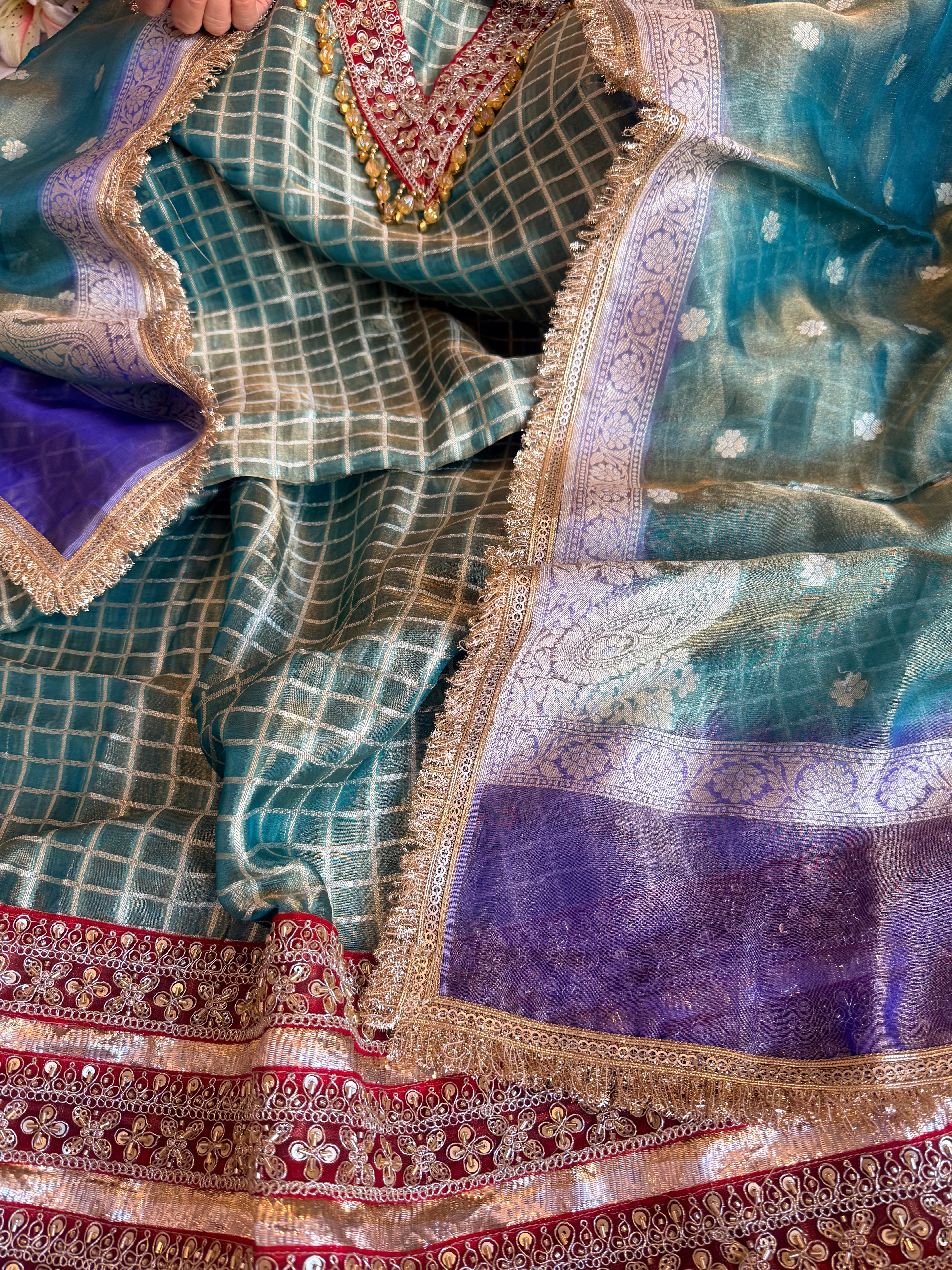 Banarasi tissue silk lampiwork chap dye hand embroidered embellished suit set