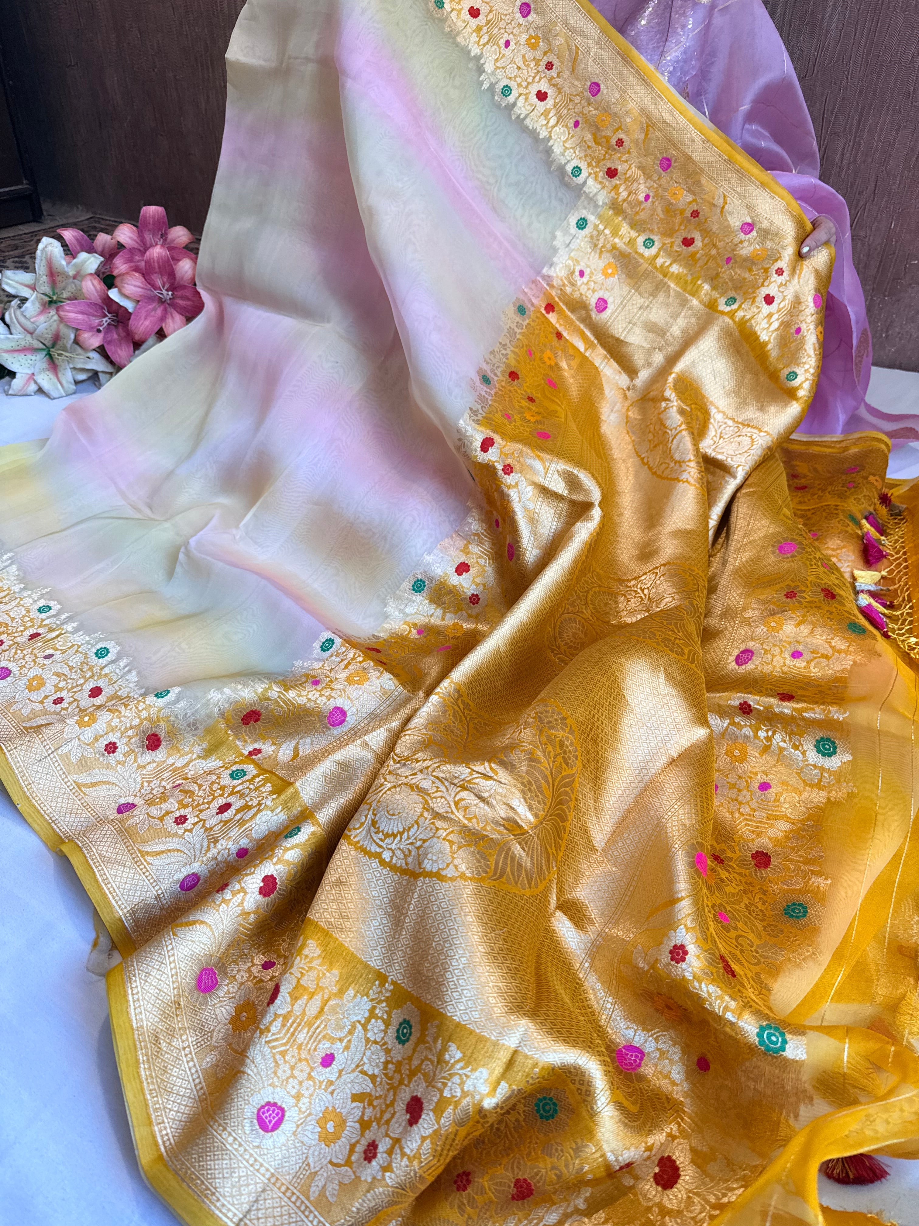 Rainbow dyed kora silk shaded kadhwa meenakari saree