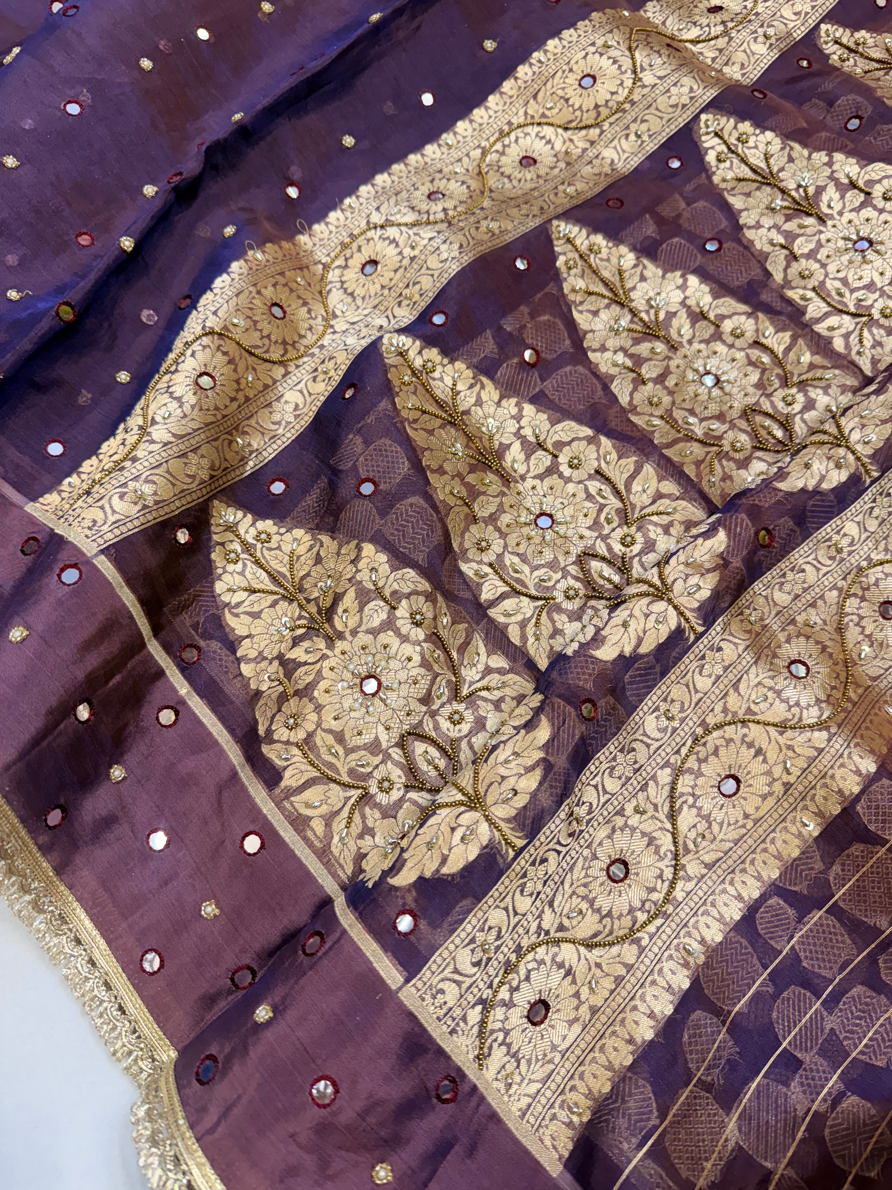 Midnight purple tissue silk hand embroidered kadhwa saree