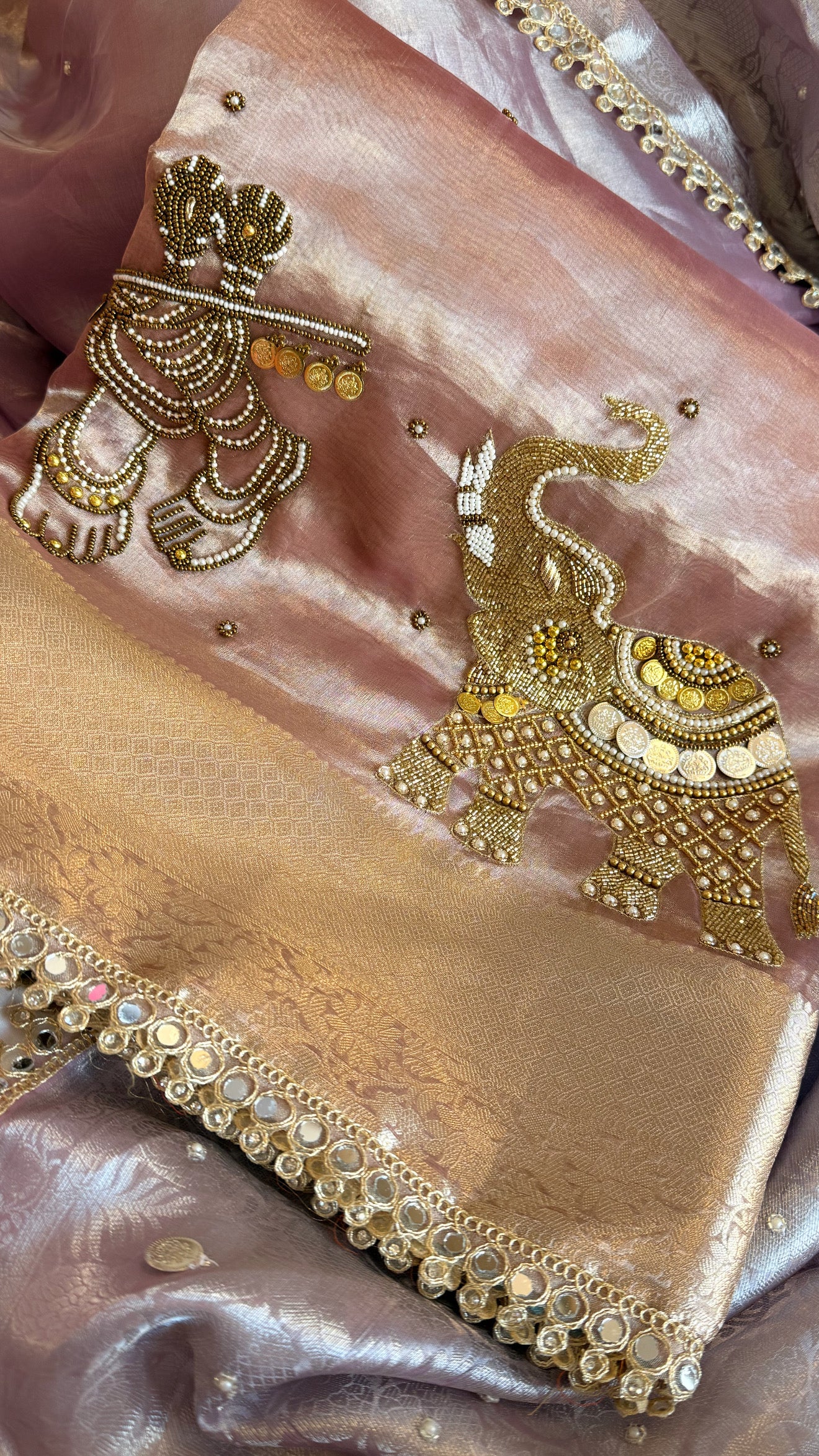 Gulabi jadau edit - Soft pink tissue silk jadau work hand embroidered saree