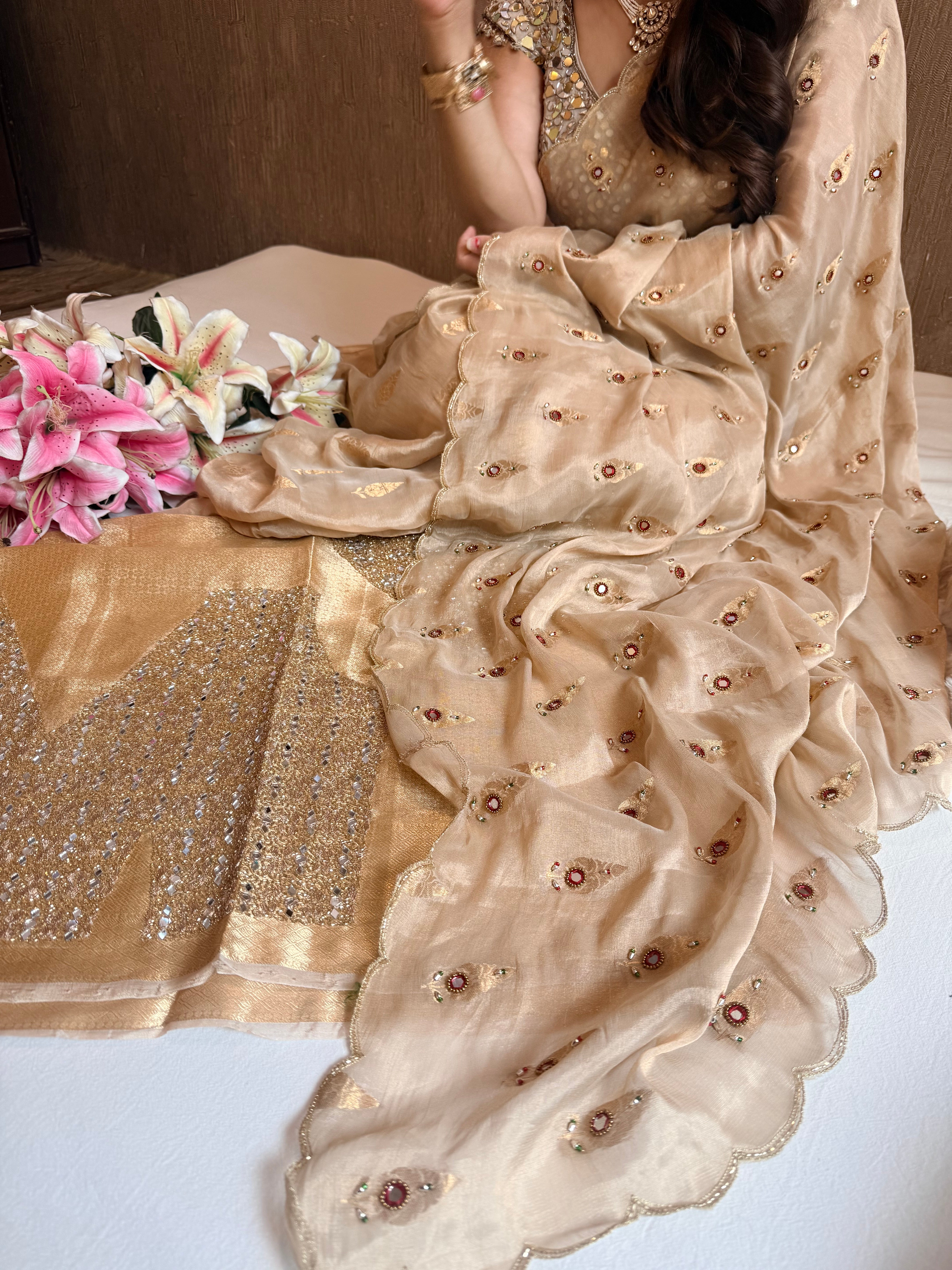 Chiffon tissue gorgette chunri buti hand embroidered kadhwa saree