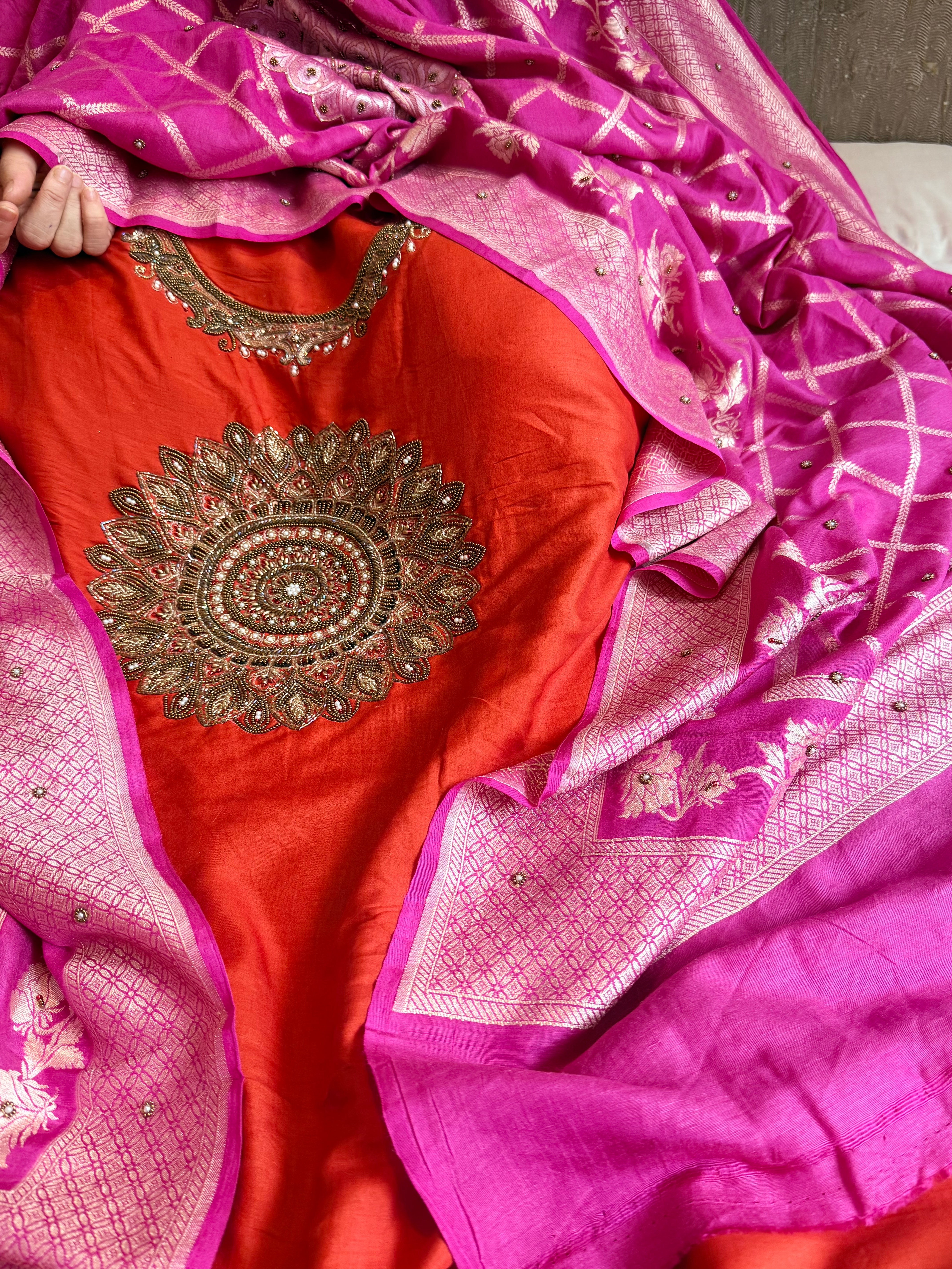 Burnt orange - Hot pink spun chiniya silk hand embroidered mandala work suit set