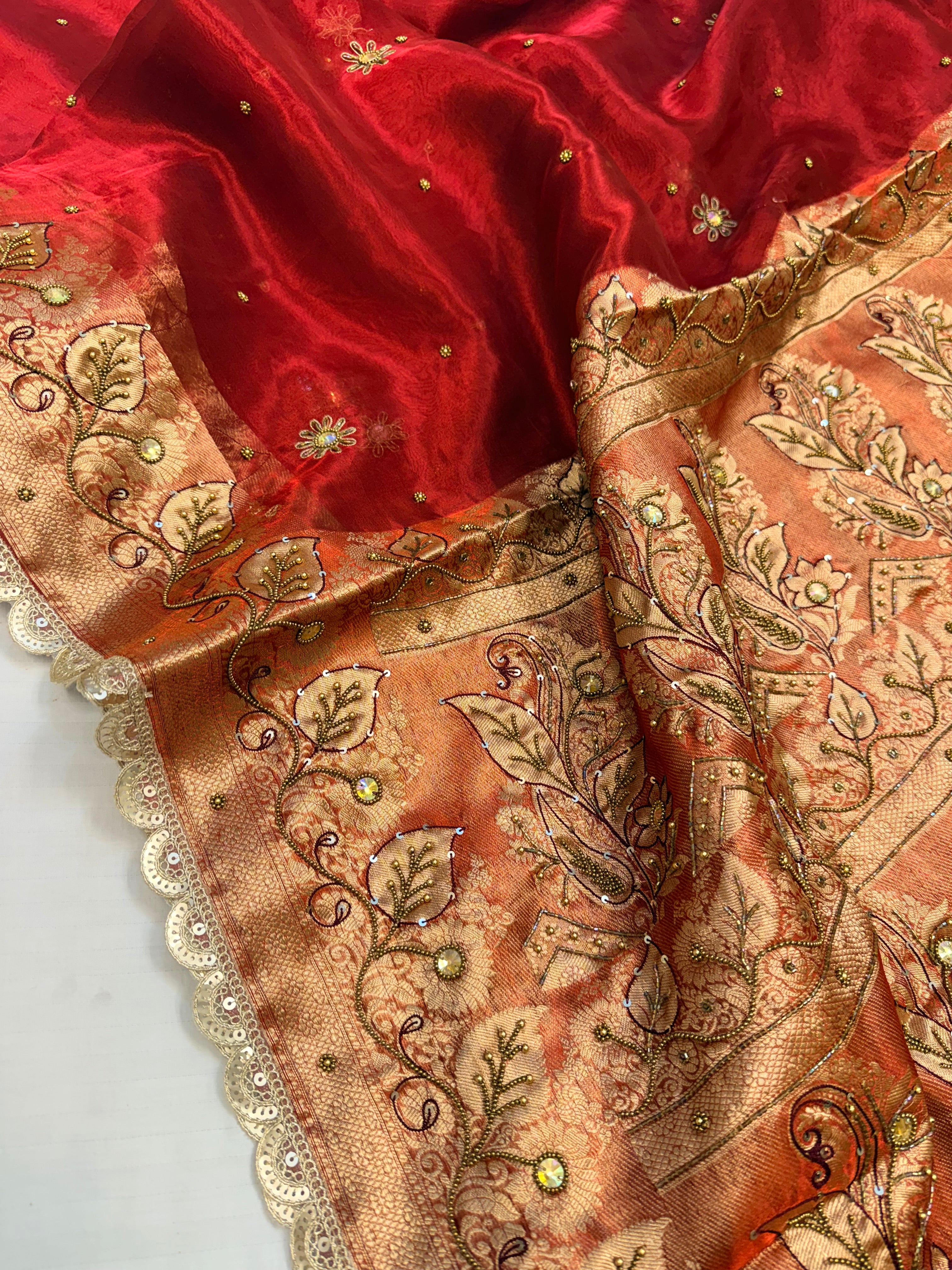 Blood red husn tissue silk hand embroidered kadhwa saree