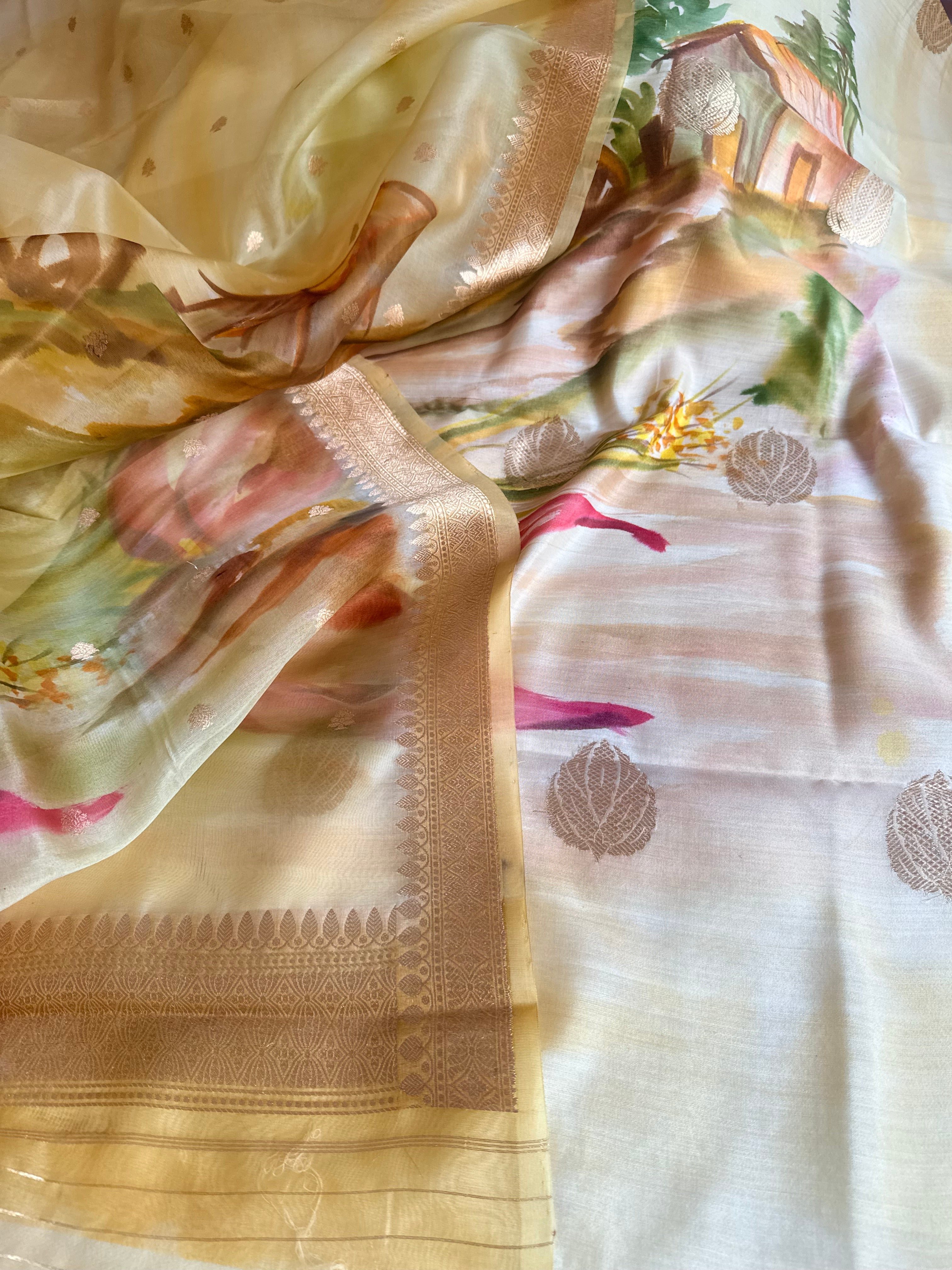 Banarasi kora silk handpainted ghatwork kadhwa buti rainbow dye suits