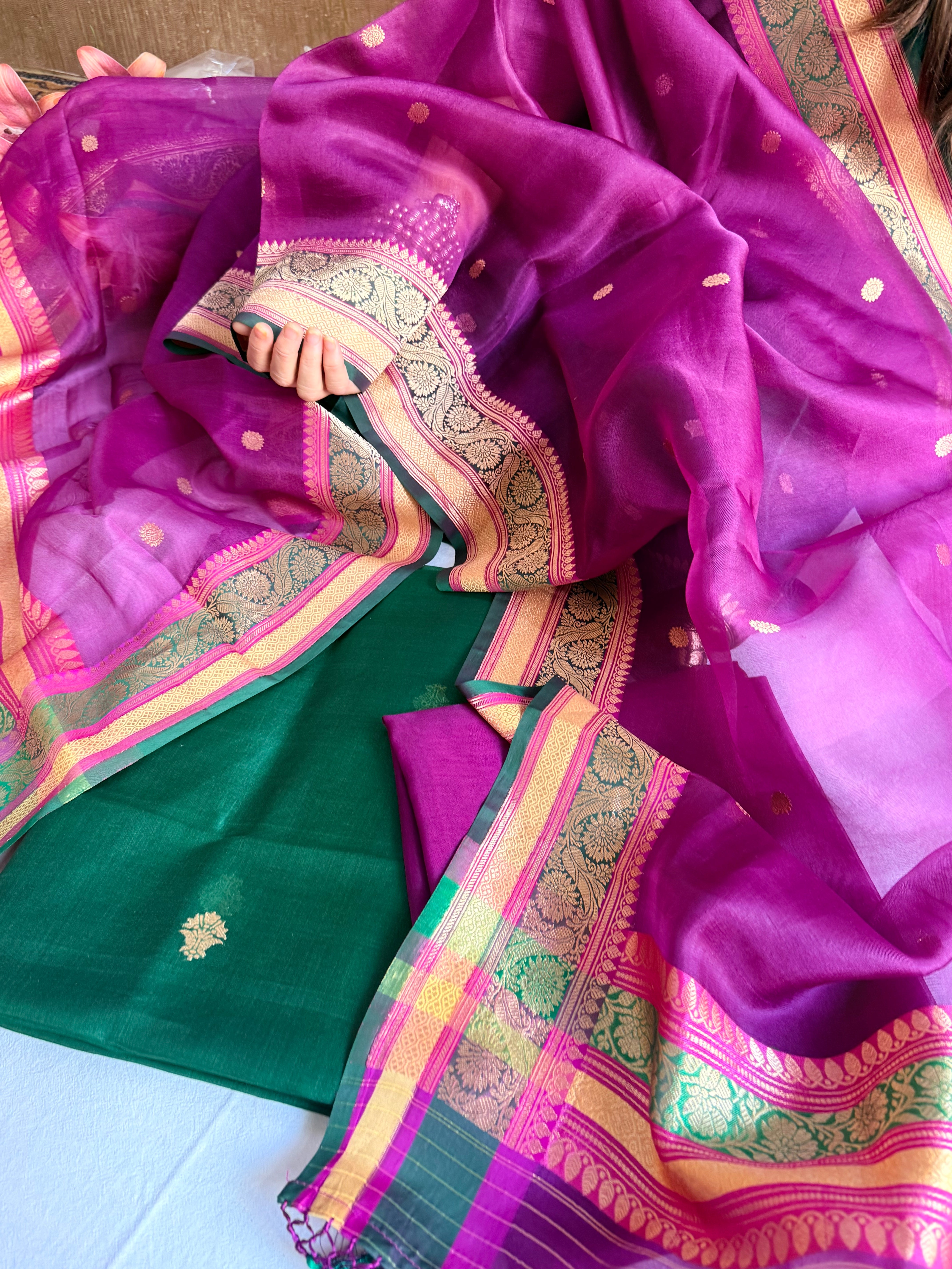 Banarasi purple-bottle green banarasi meenkari kadhwa border chap dye suits