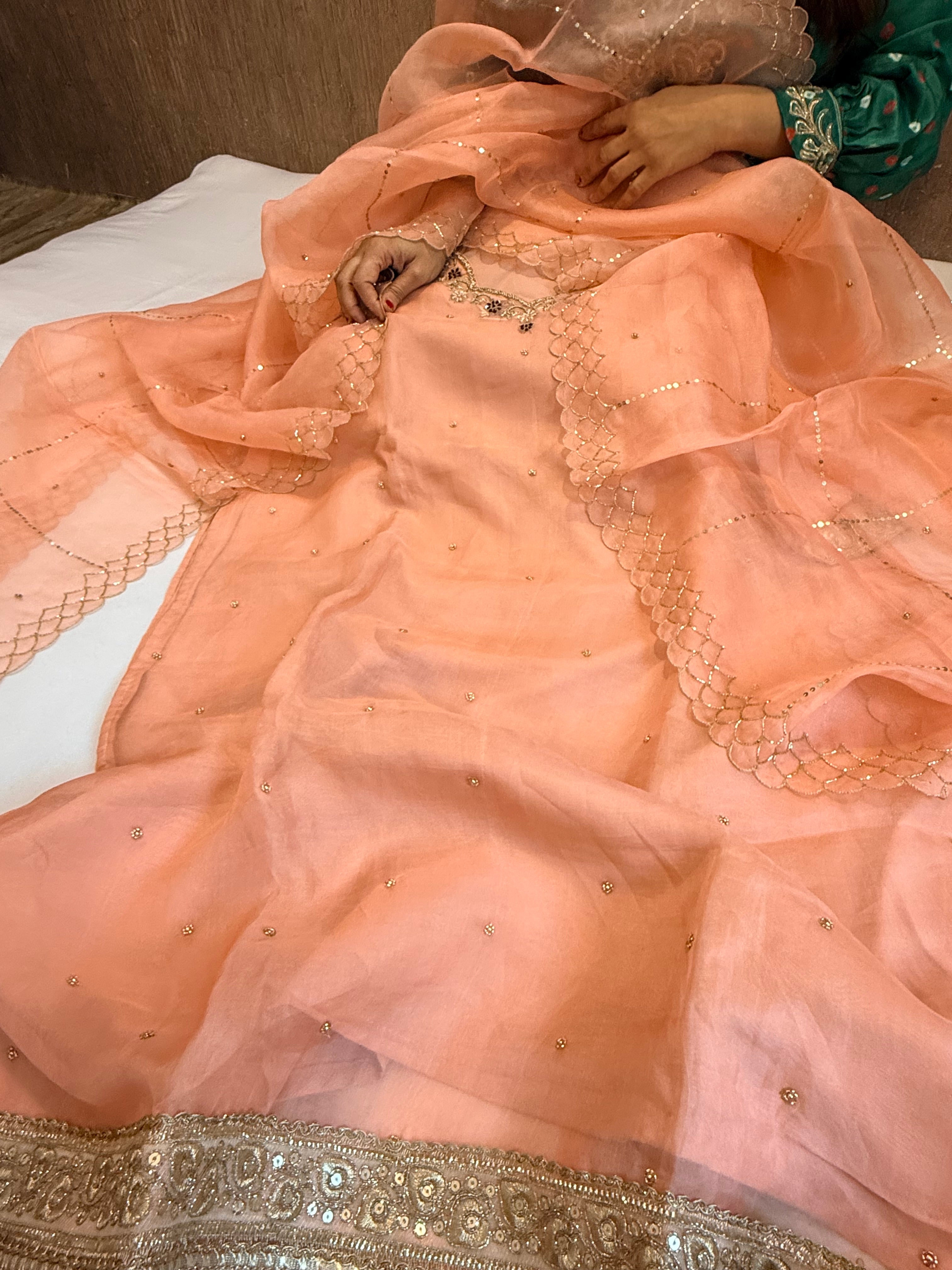 Soft peach semi stitched kora silk gotapatti hand embroidered suit set