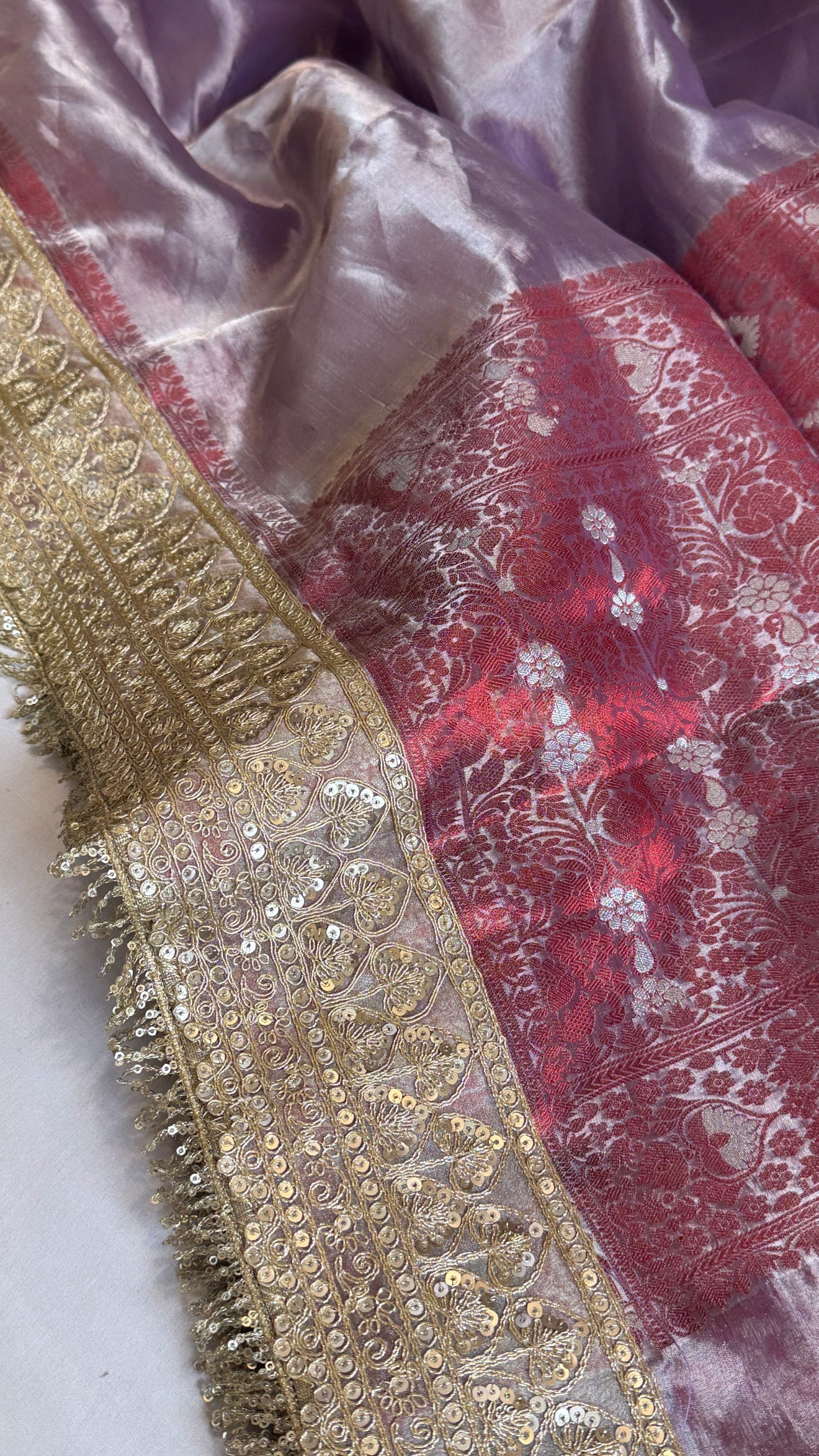 Maharani dreamy lavender tissue silk kadhwa meenakari saree