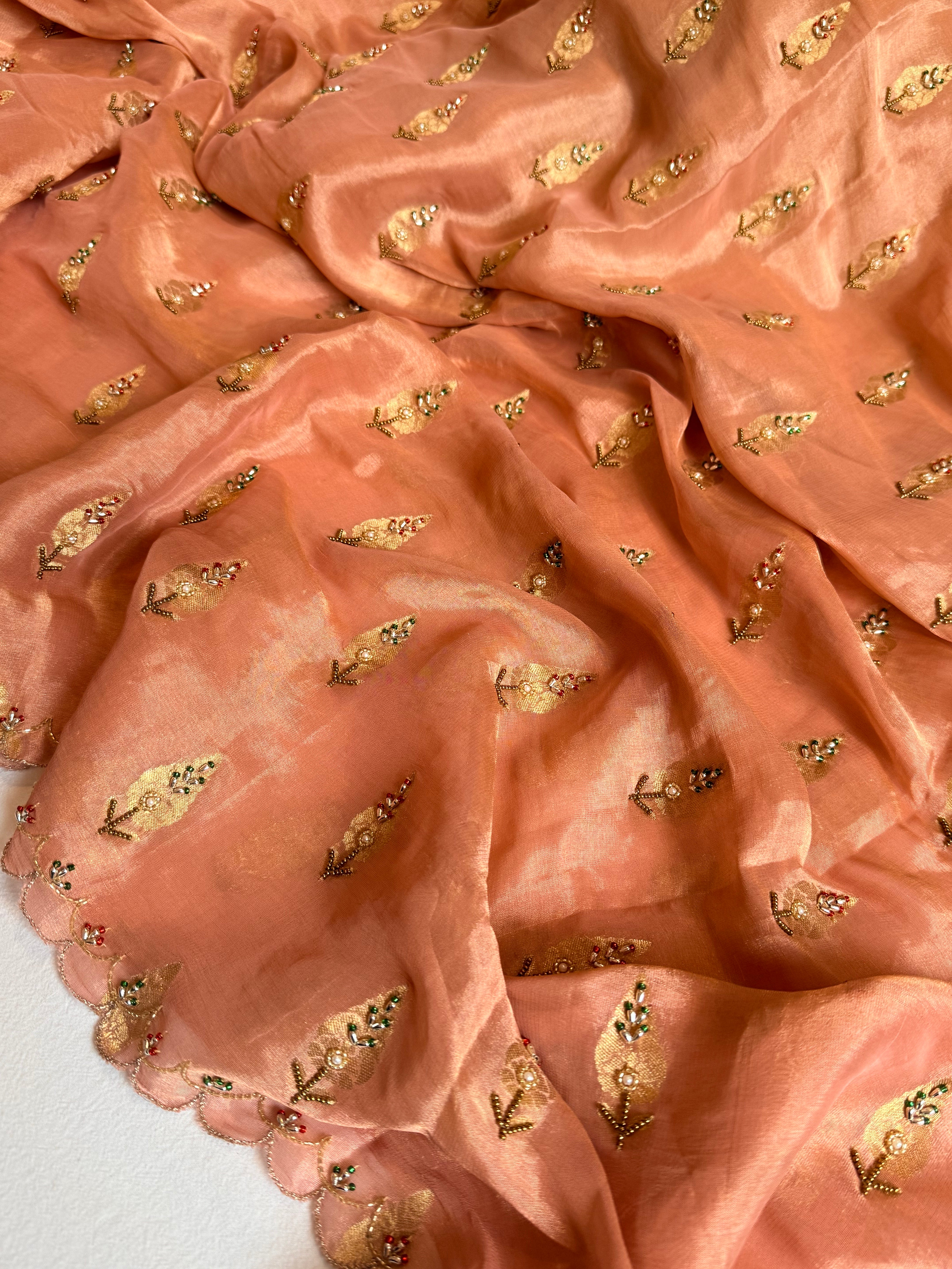 Chiffon tissue gorgette chunri buti hand embroidered kadhwa saree