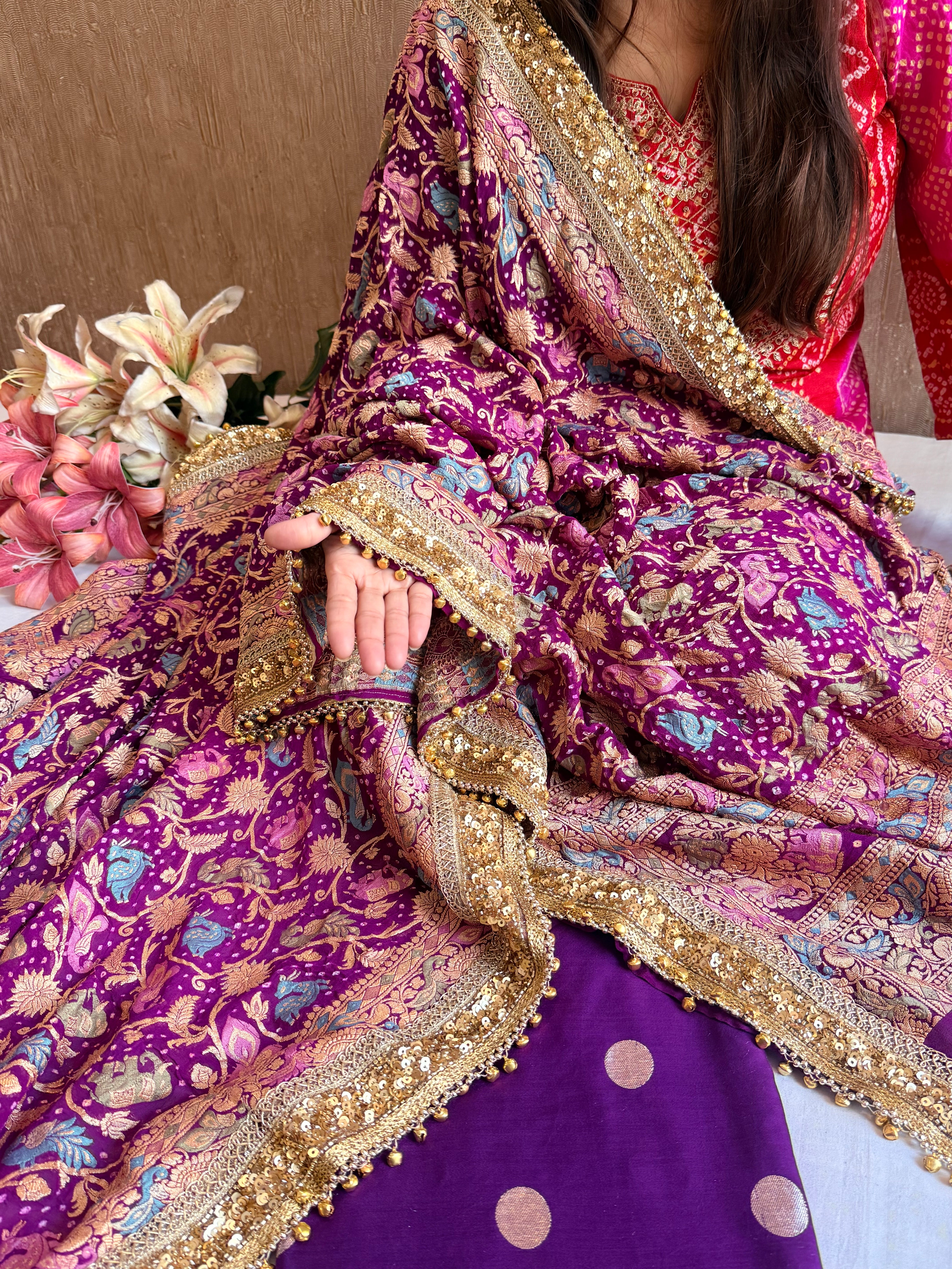 Banarasi bandhej purple ghungroo and sequin work chiffon gorgette kadhwa suit set