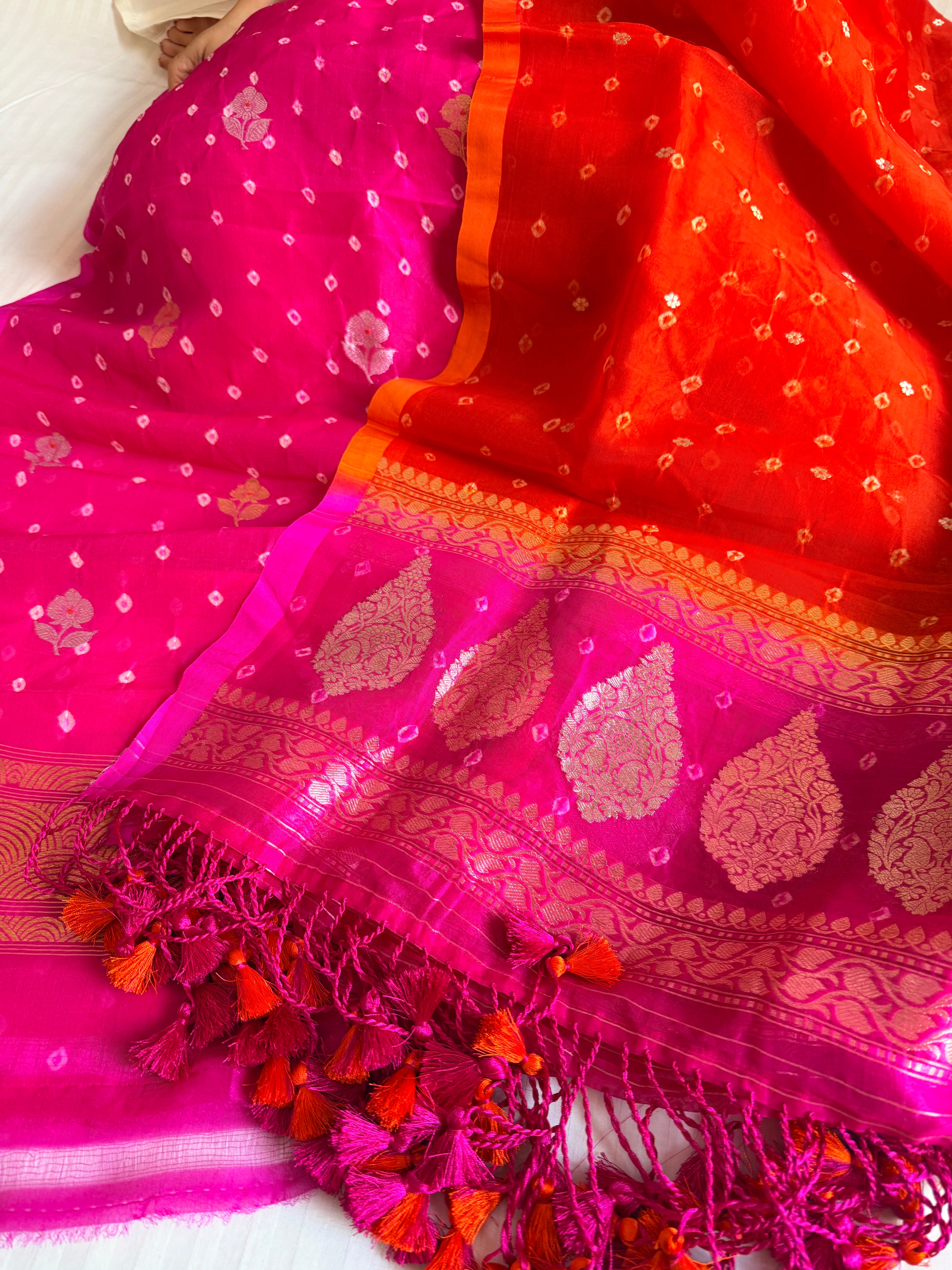 Bandhej dye banarasi kora silk rani-orange kadhwa buti suit set