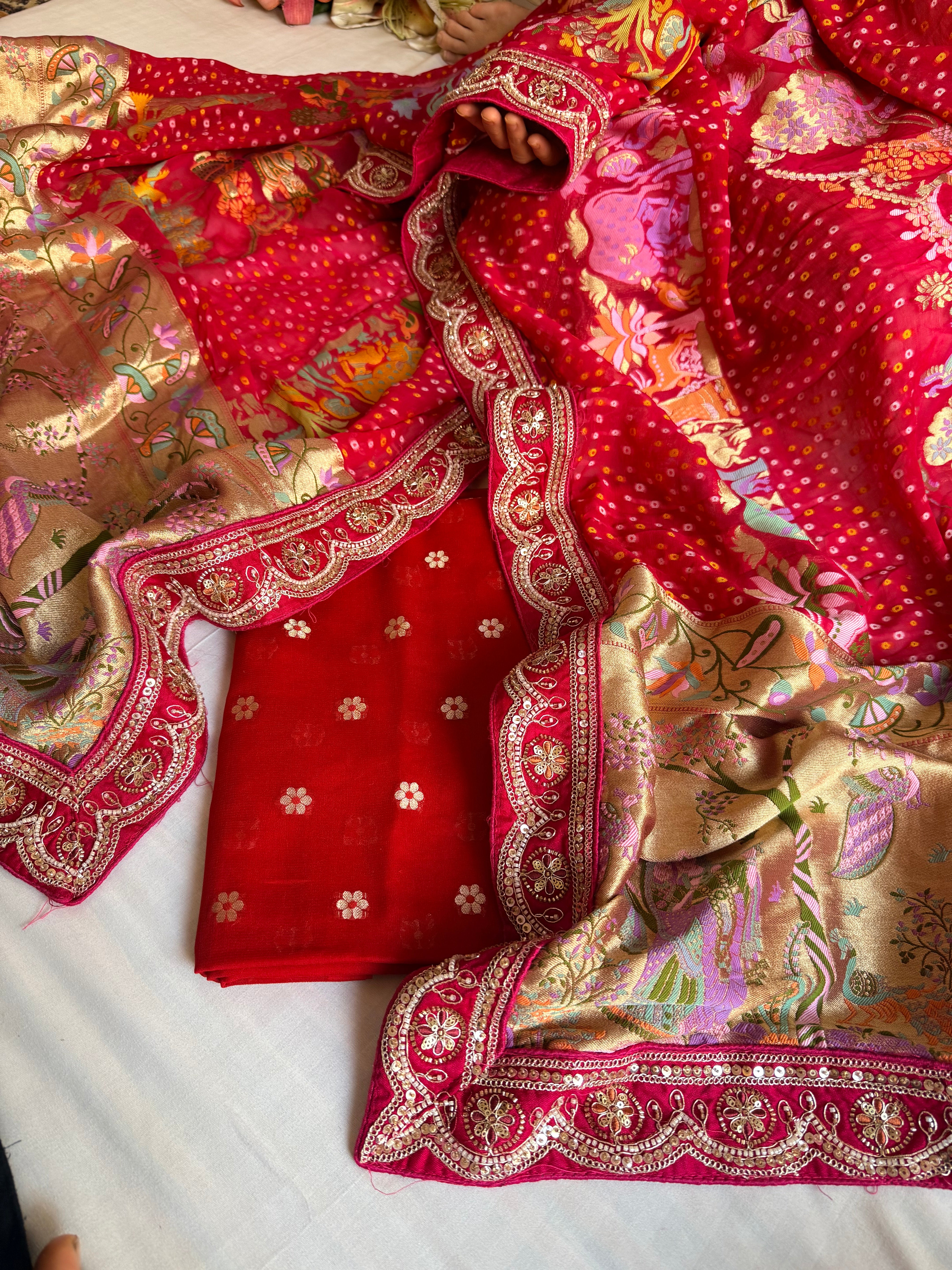 Banarasi rai bandhej radha krishna weaving gorgette kadhwa suit set